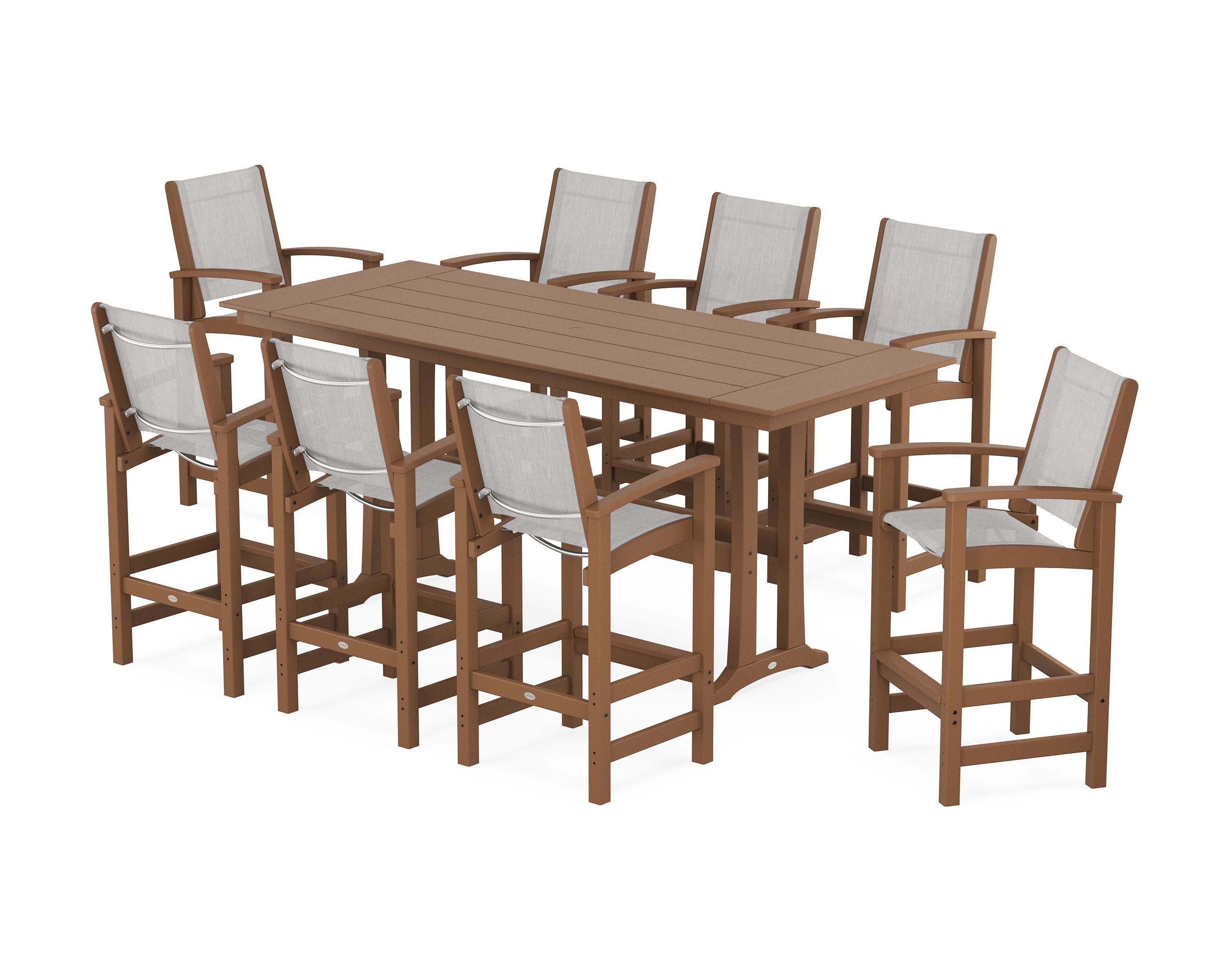 POLYWOOD® Coastal 9-Piece Farmhouse Bar Set with Trestle Legs in Teak / Parchment Sling