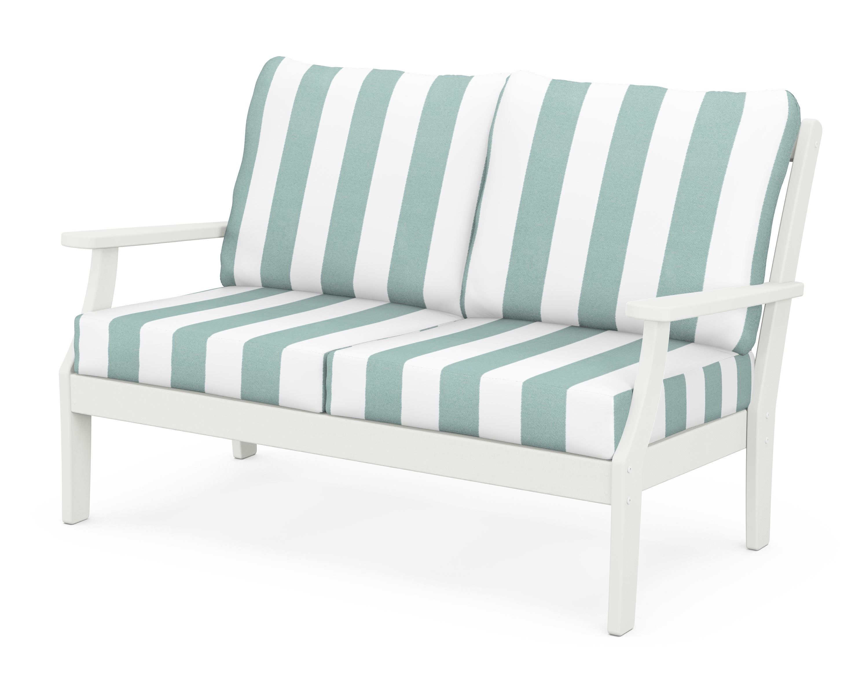 POLYWOOD® Braxton Deep Seating Loveseat in Vintage White / Cabana Stripe Glacier Spa