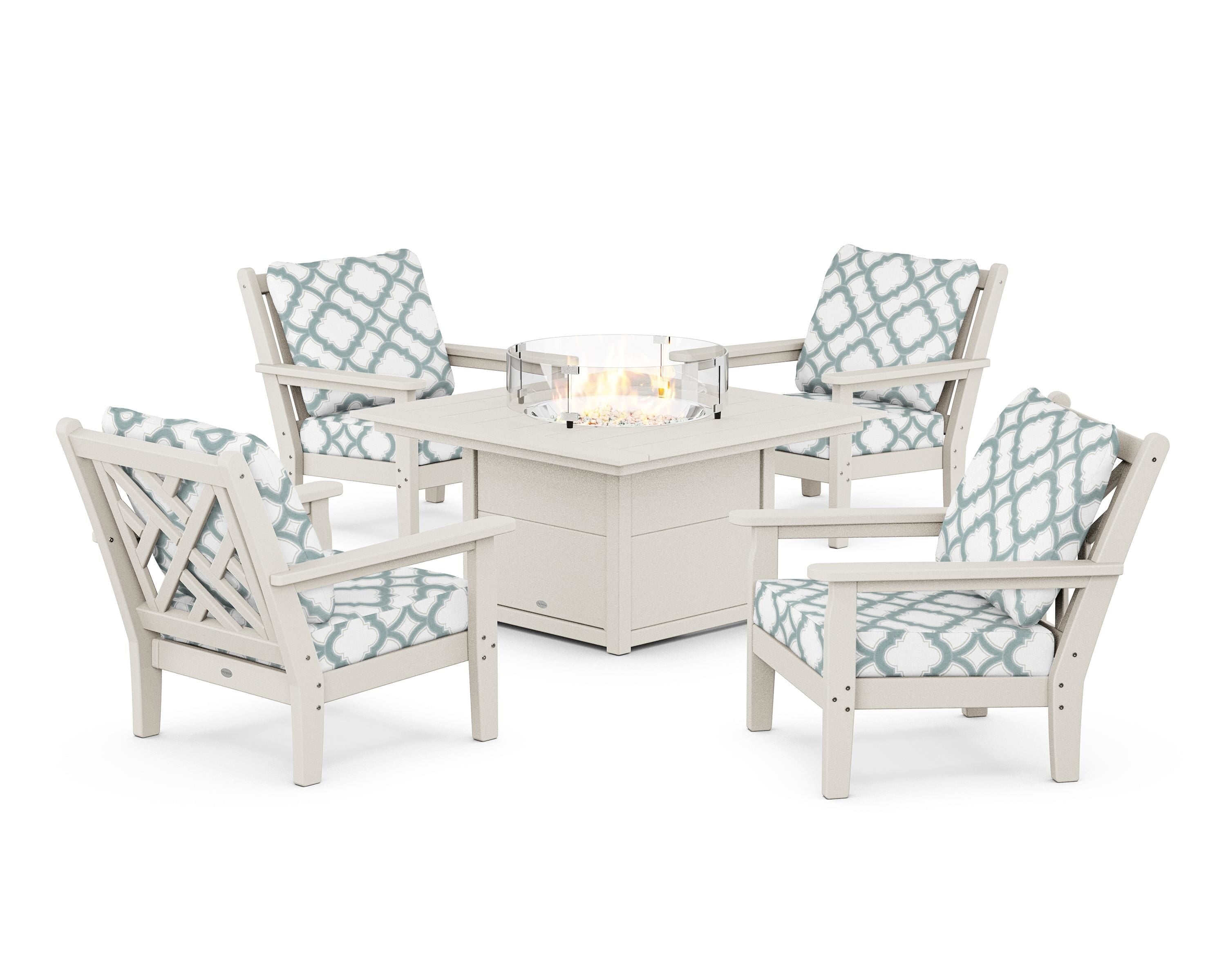 POLYWOOD® Chippendale 5-Piece Deep Seating Set with Fire Pit Table in Sand / Trellis Glacier Spa