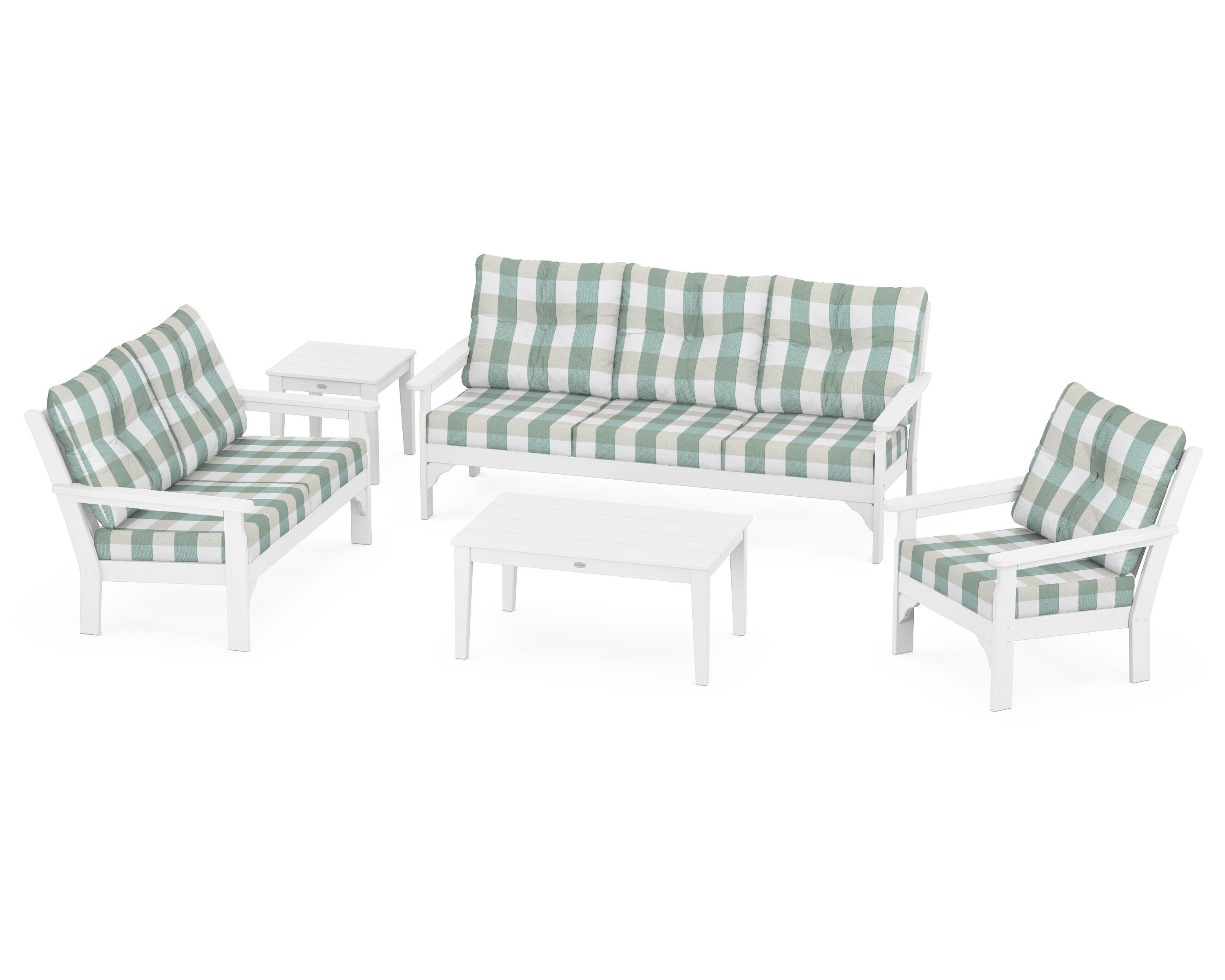 POLYWOOD® Vineyard 5 Piece Deep Seating Set in White / Buffalo Plaid Glacier Spa