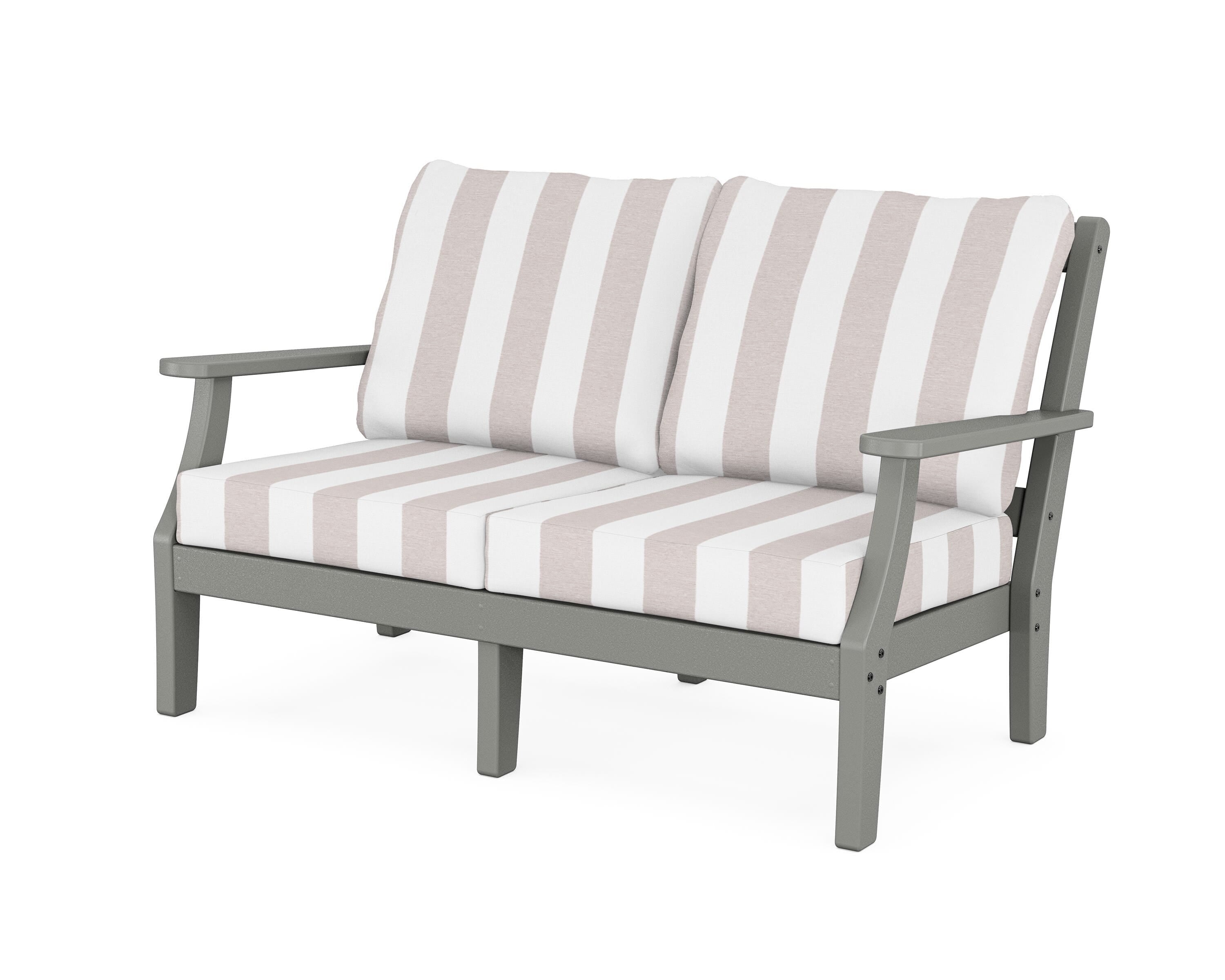 Martha Stewart by POLYWOOD® Chinoiserie Deep Seating Loveseat in Slate Grey / Cabana Stripe Dune Burlap