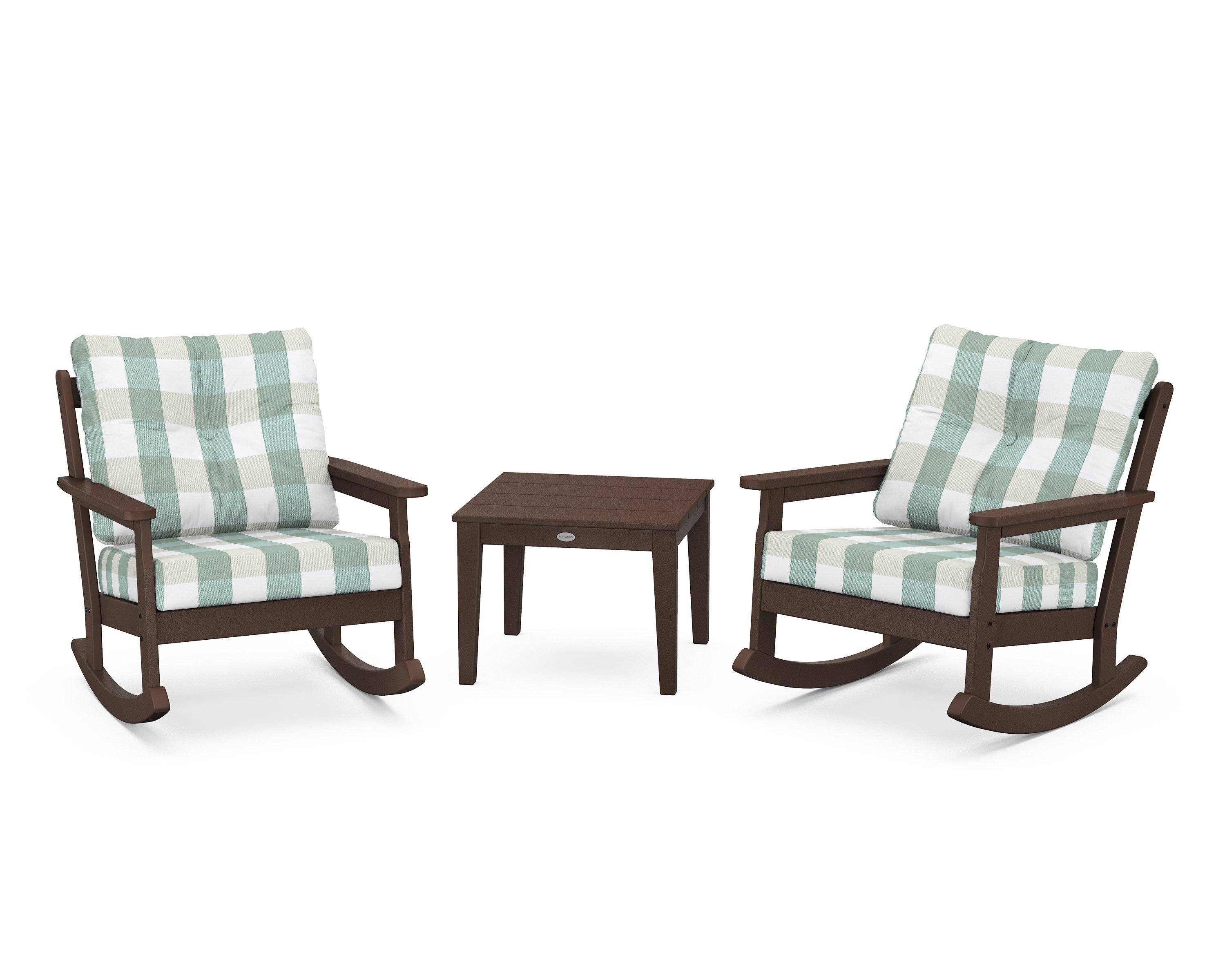POLYWOOD® Vineyard 3-Piece Deep Seating Rocker Set in Mahogany / Buffalo Plaid Glacier Spa