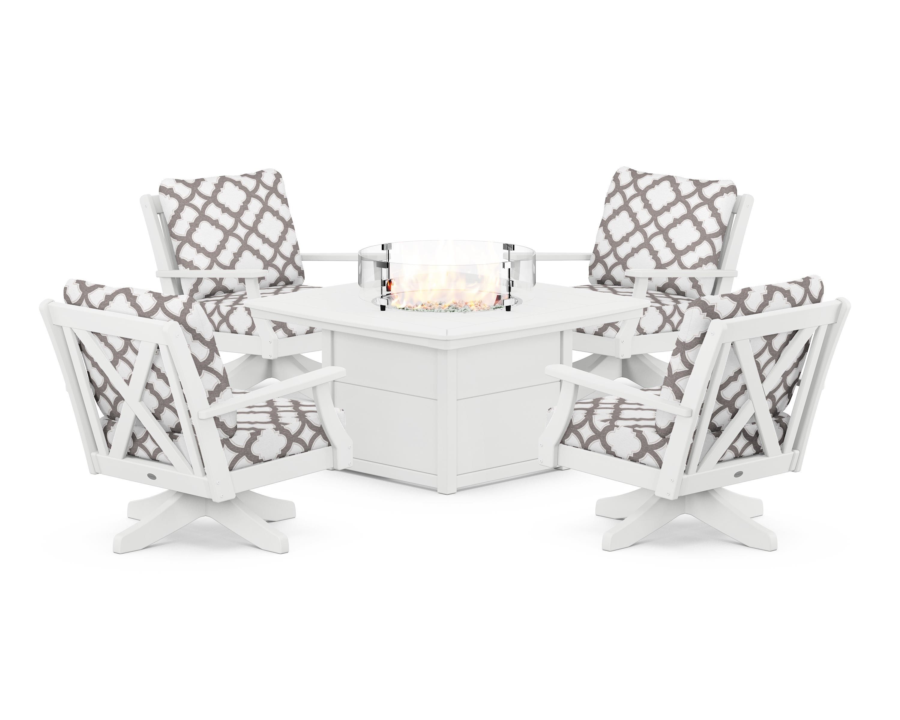 POLYWOOD® Braxton 5-Piece Deep Seating Swivel Conversation Set with Fire Pit Table in White / Trellis Grey Mist