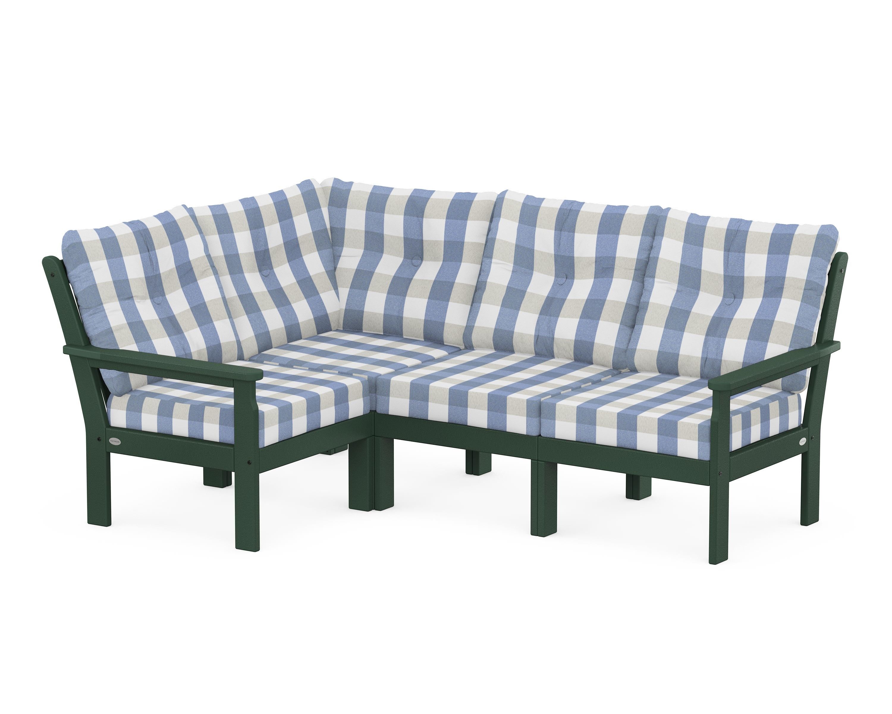 POLYWOOD® Vineyard 4-Piece Sectional in Green / Buffalo Plaid Sky Blue