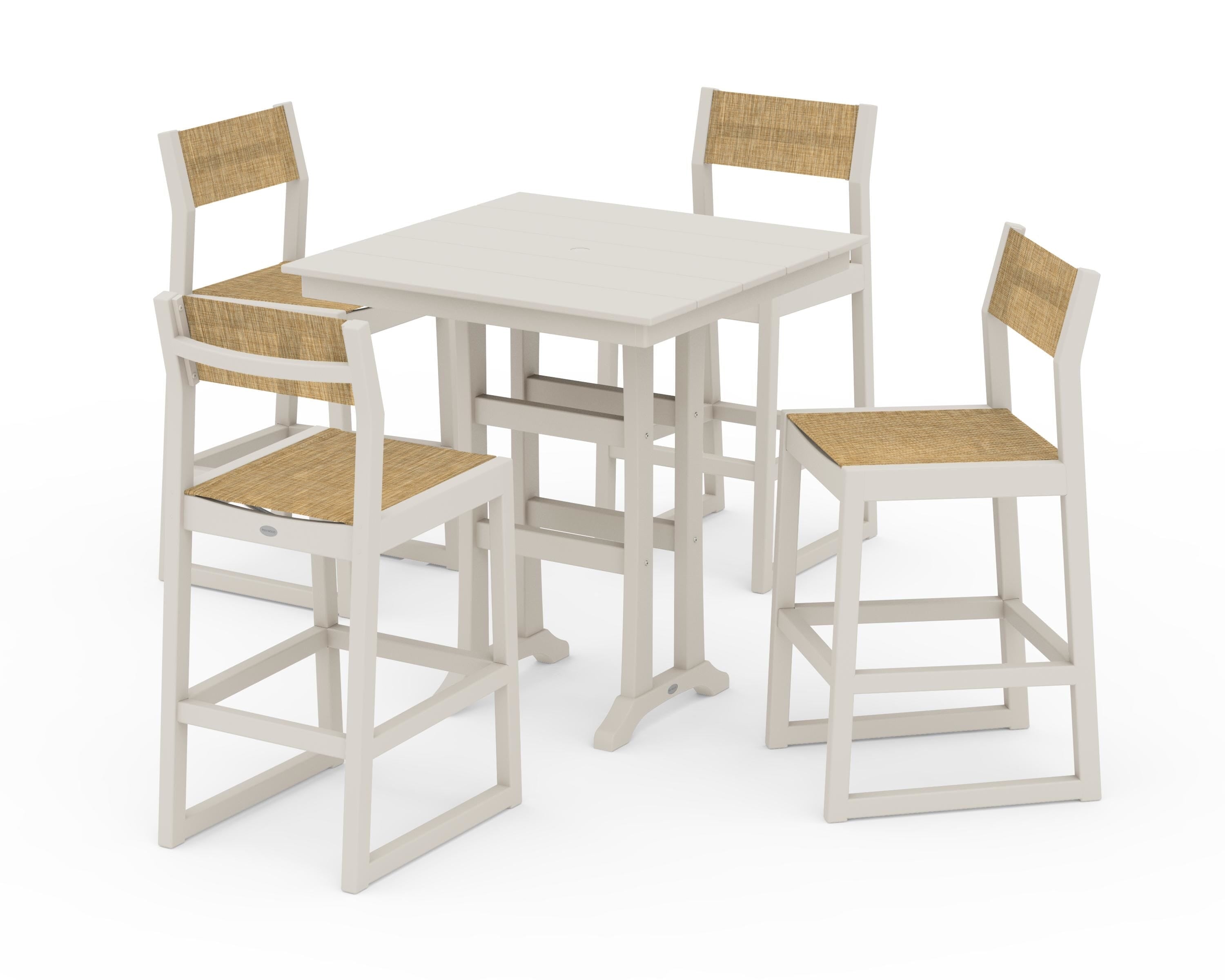 POLYWOOD® EDGE Sling Arm Chair 5-Piece Farmhouse Bar Set with Trestle Legs in Sand / Burlap Sling