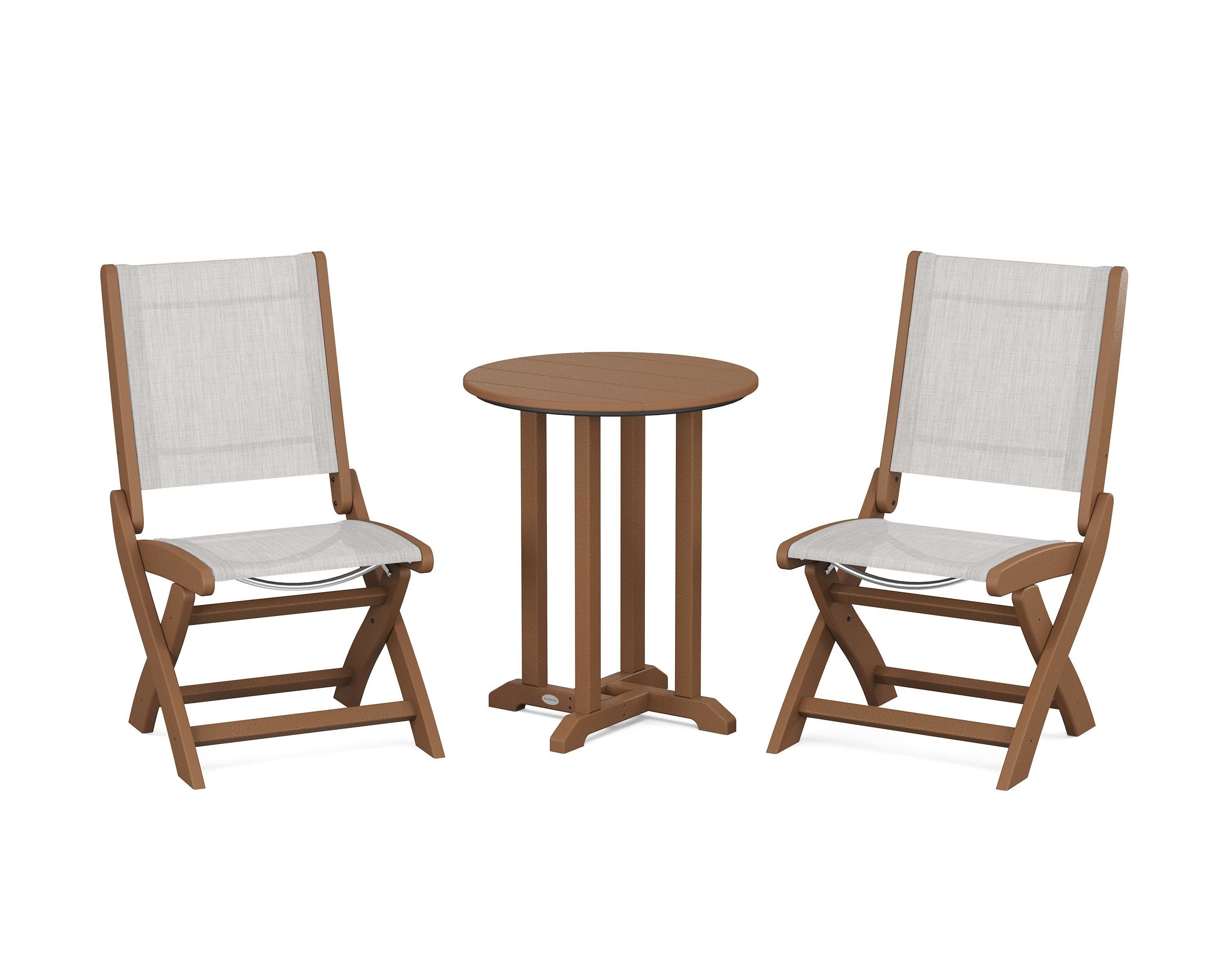POLYWOOD® Coastal Folding Side Chair 3-Piece Round Bistro Dining Set in Teak / Parchment Sling