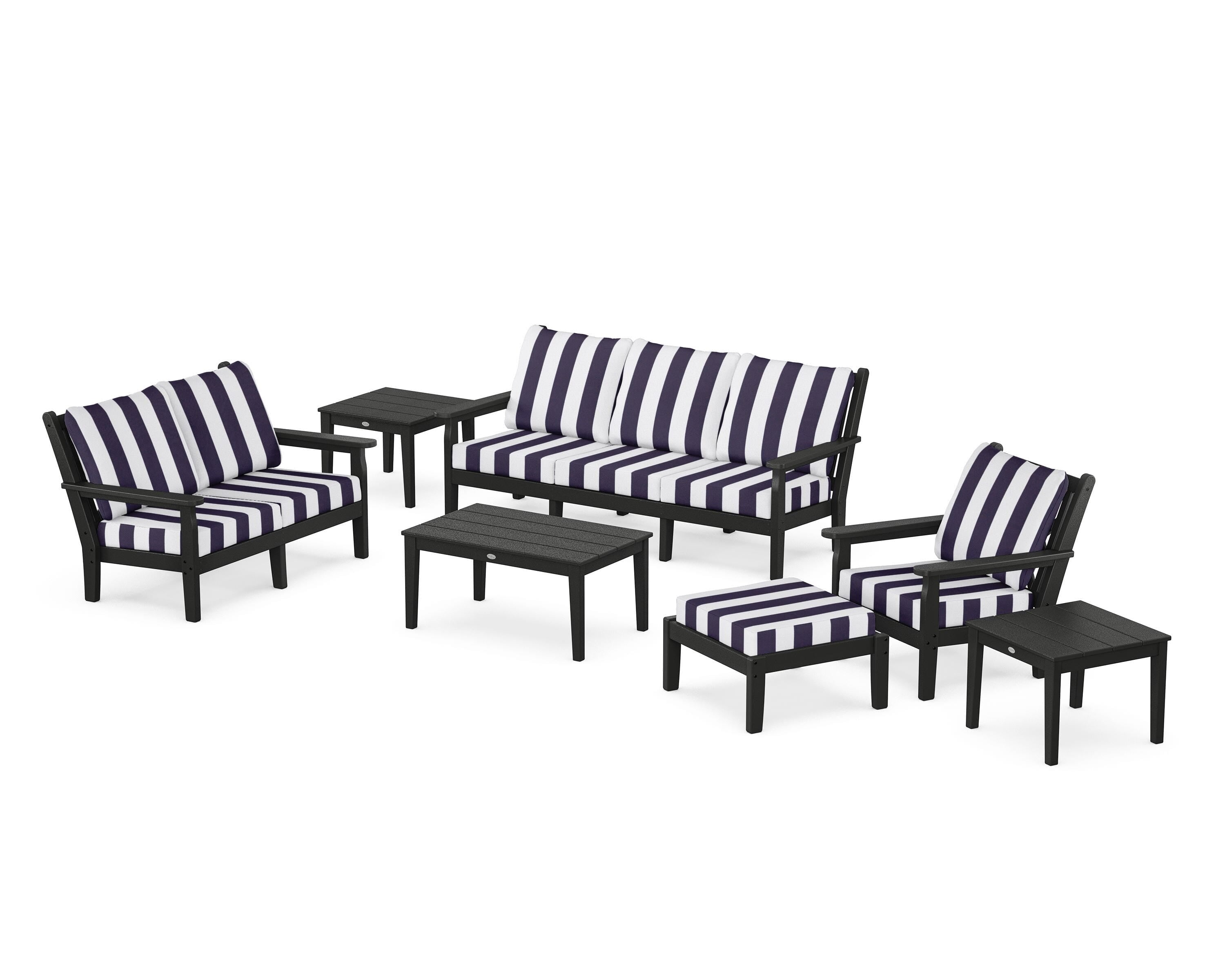 POLYWOOD® Chippendale 7-Piece Deep Seating Set in Black / Cabana Stripe Navy