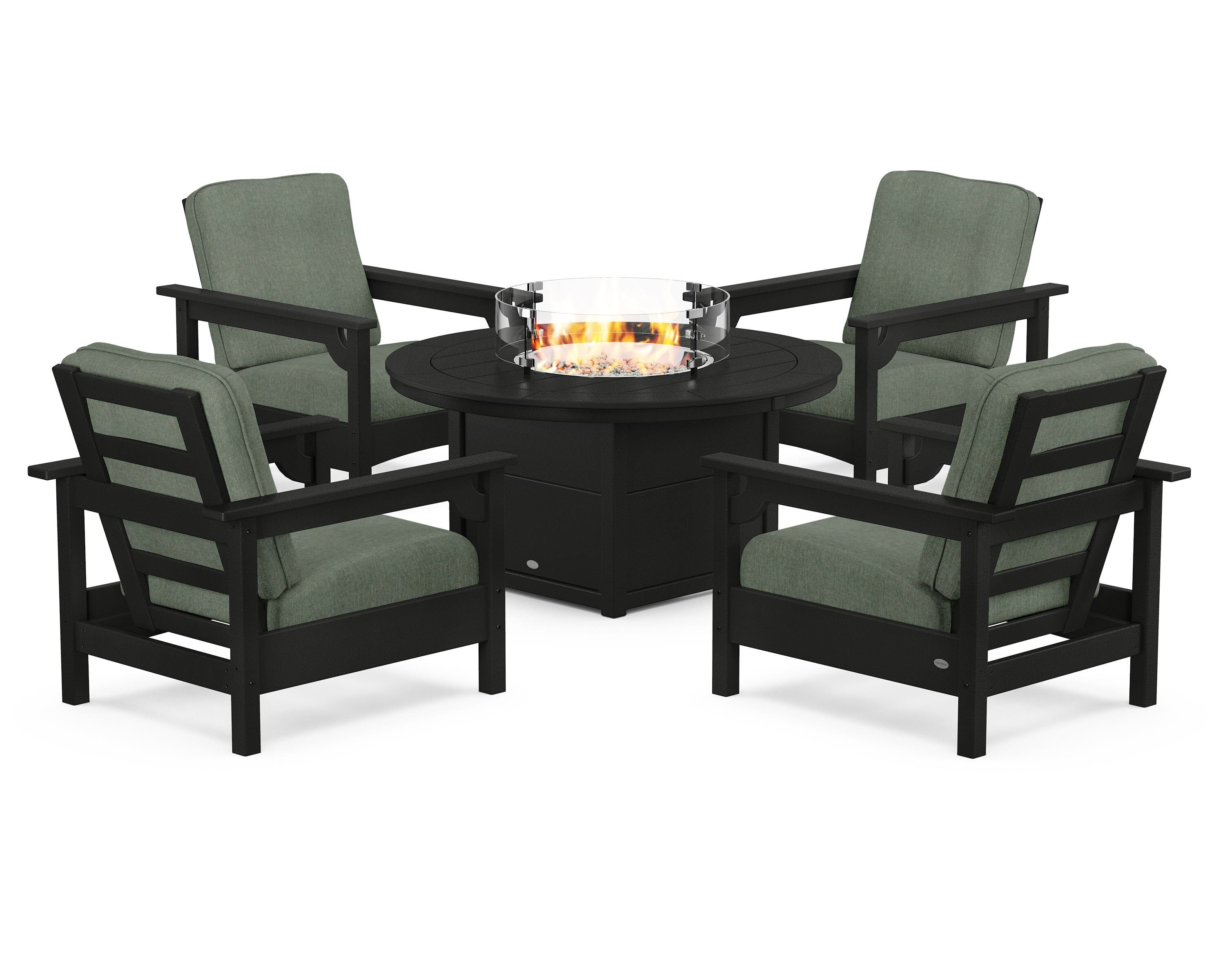 POLYWOOD® Club 5-Piece Conversation Set with Fire Pit Table in Black / Cast Sage