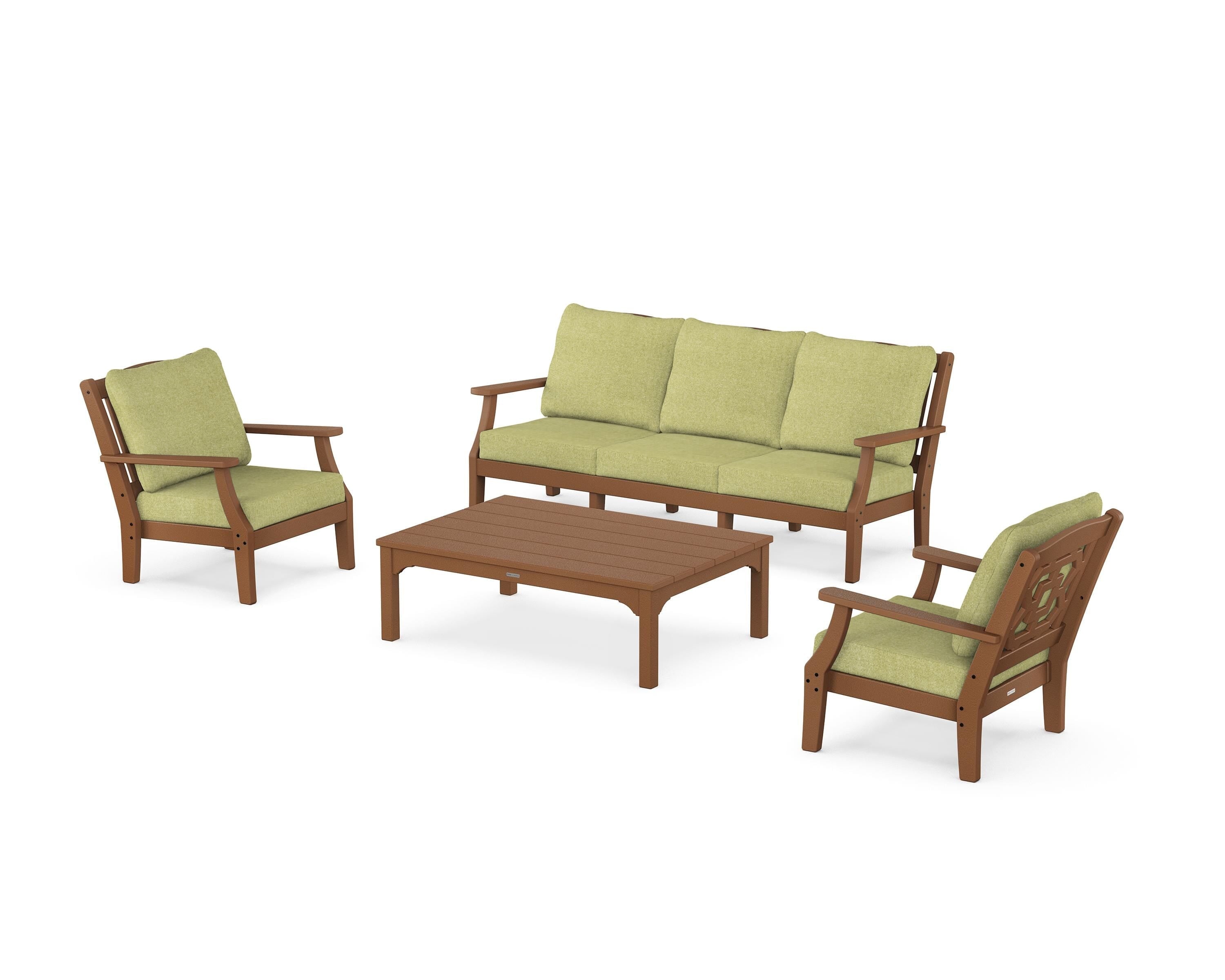 Martha Stewart by POLYWOOD® Chinoiserie 4-Piece Deep Seating Set with Sofa in Teak / Chartreuse Boucle