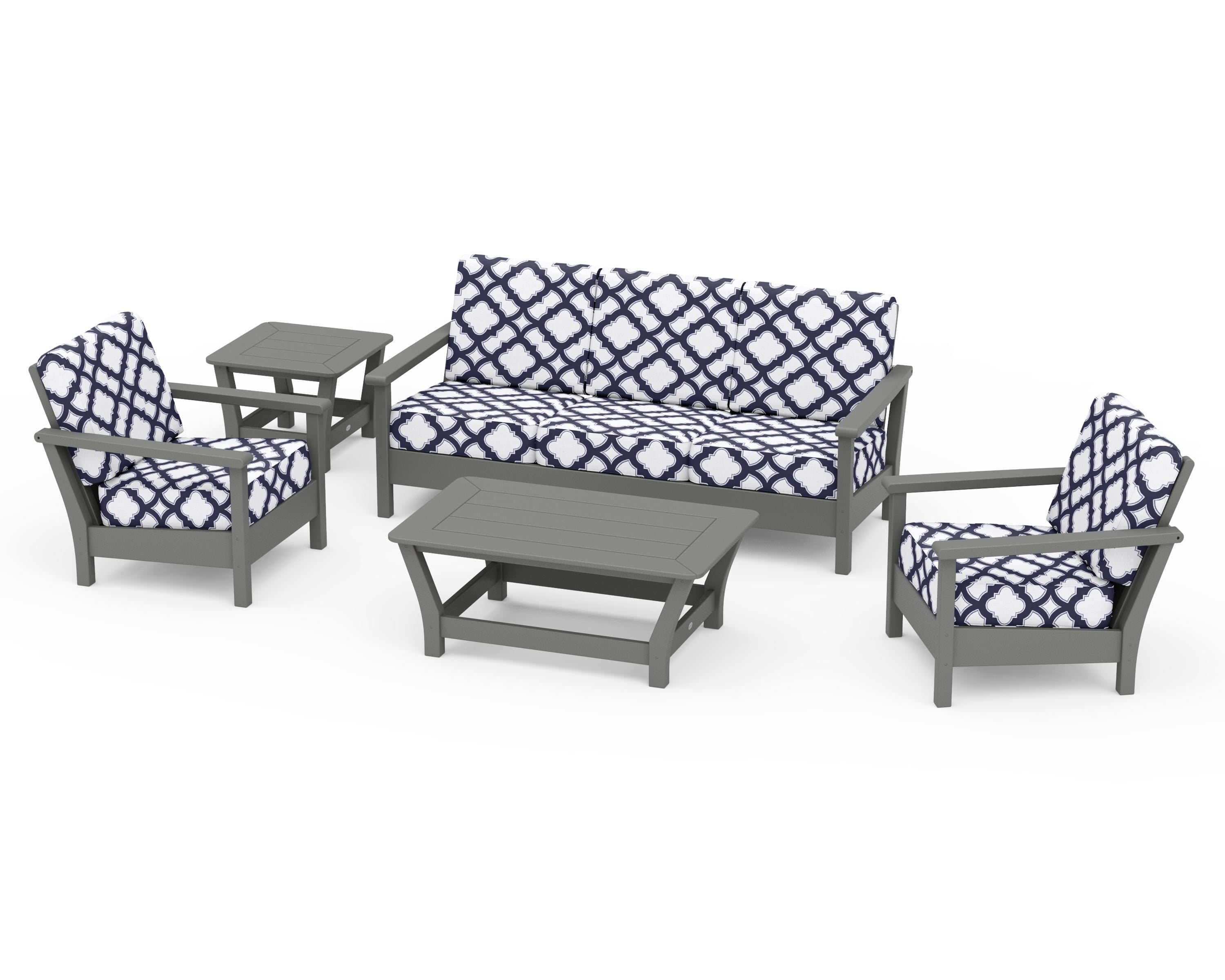 POLYWOOD® Harbour 5-Piece Deep Seating Set in Slate Grey / Trellis Navy