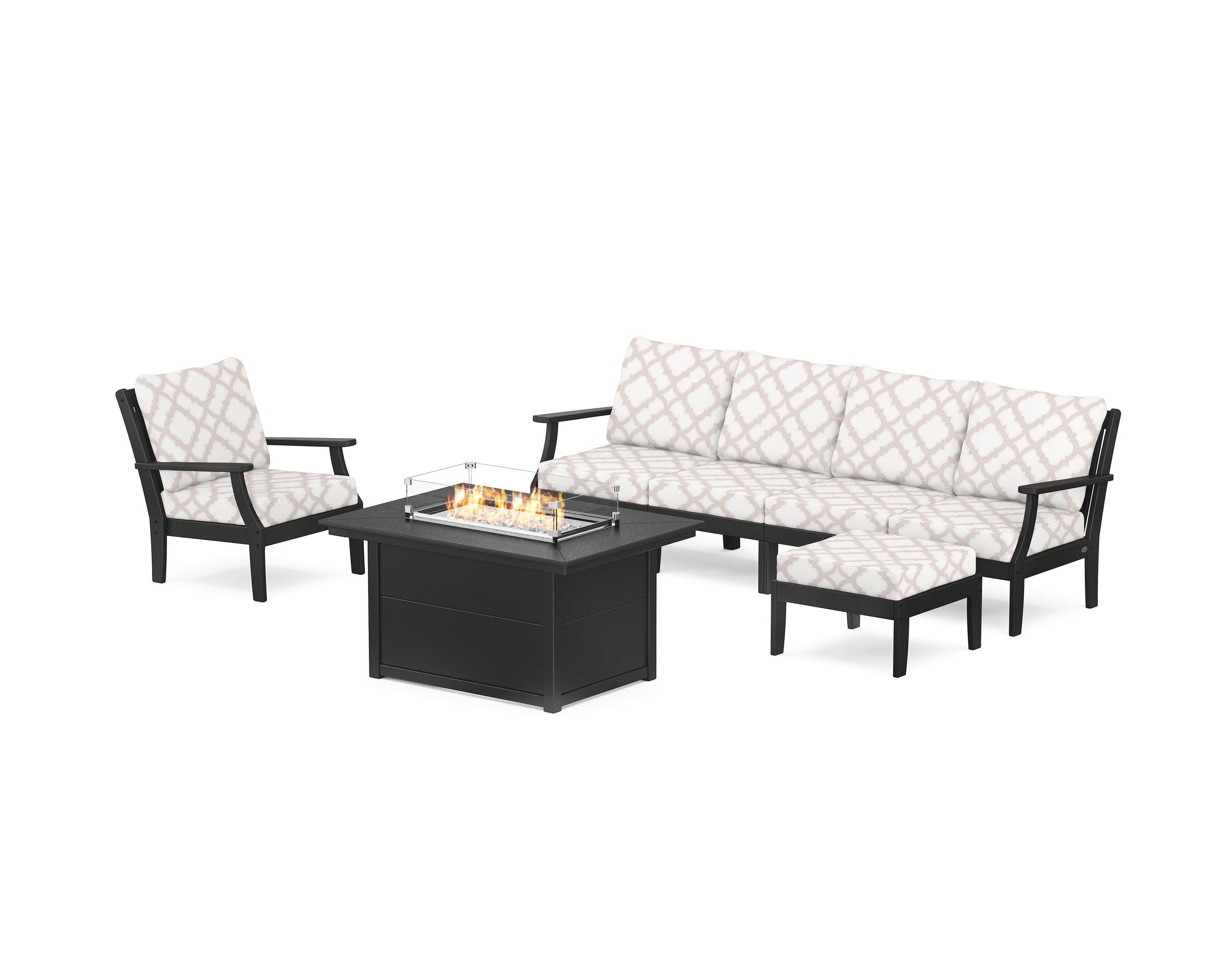 POLYWOOD® Braxton Sectional Lounge and Fire Pit Set in Black / Trellis Dune Burlap