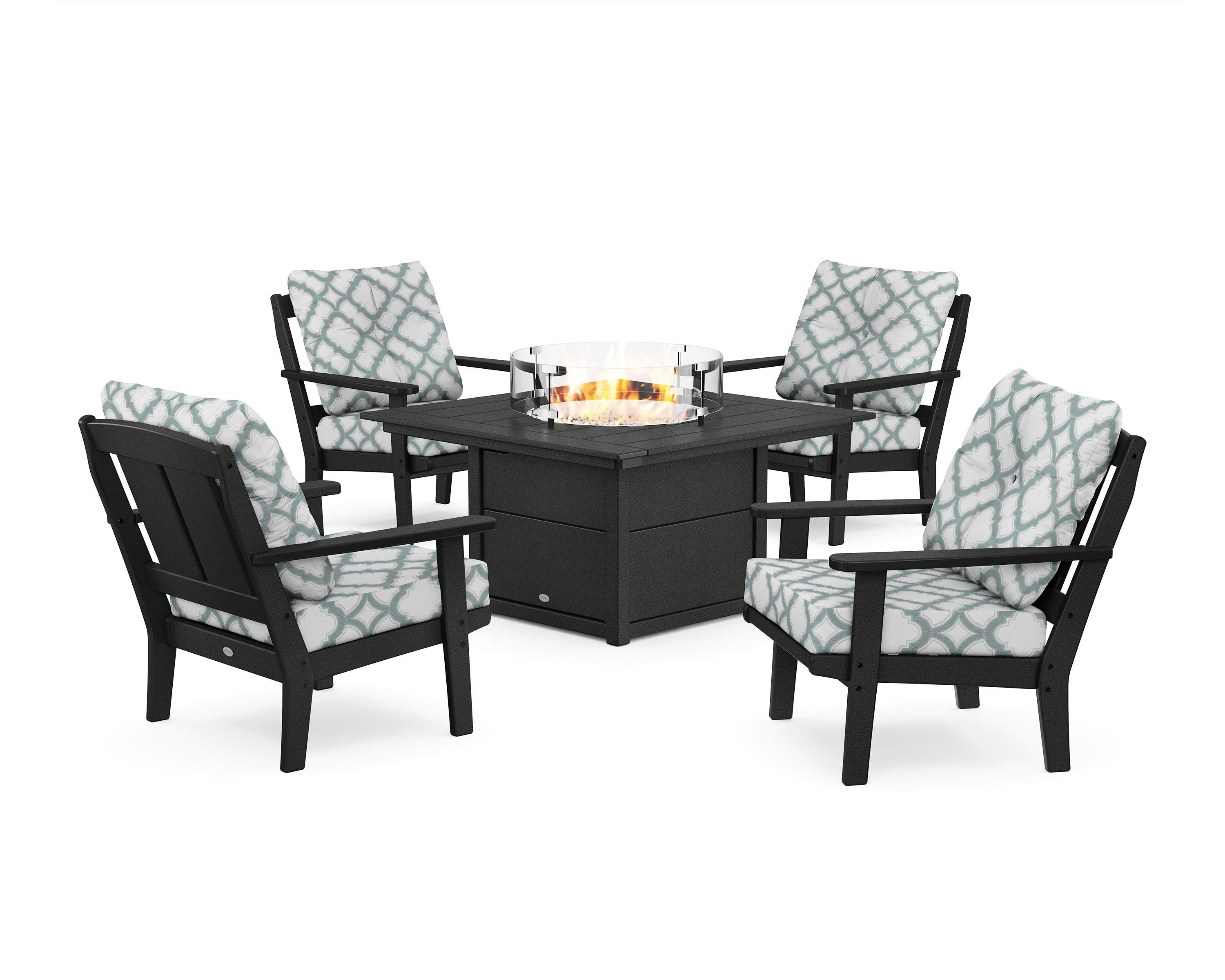 POLYWOOD® Mission 5-Piece Deep Seating Set with Fire Pit Table in Black / Trellis Glacier Spa