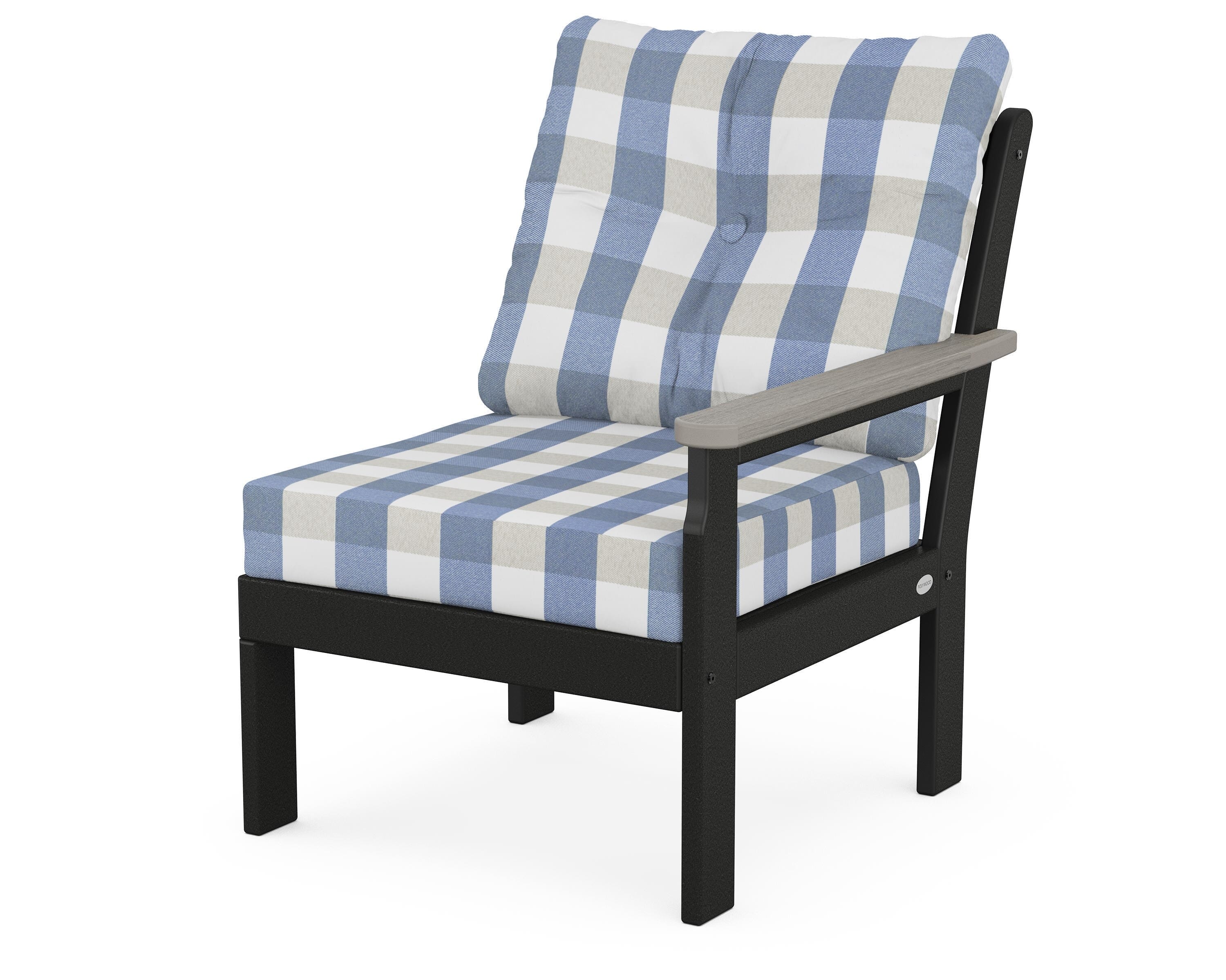 POLYWOOD® Vineyard Modular Right Arm Chair in Black / Driftwood / Buffalo Plaid Sky Blue