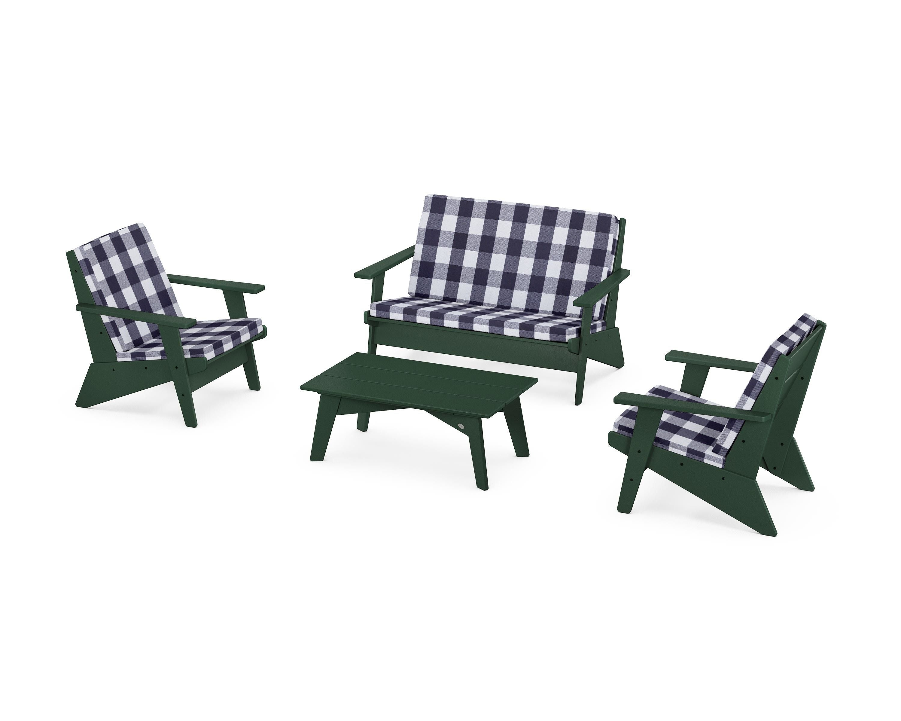 POLYWOOD® Riviera Modern Lounge 4-Piece Set in Green / Buffalo Plaid Navy