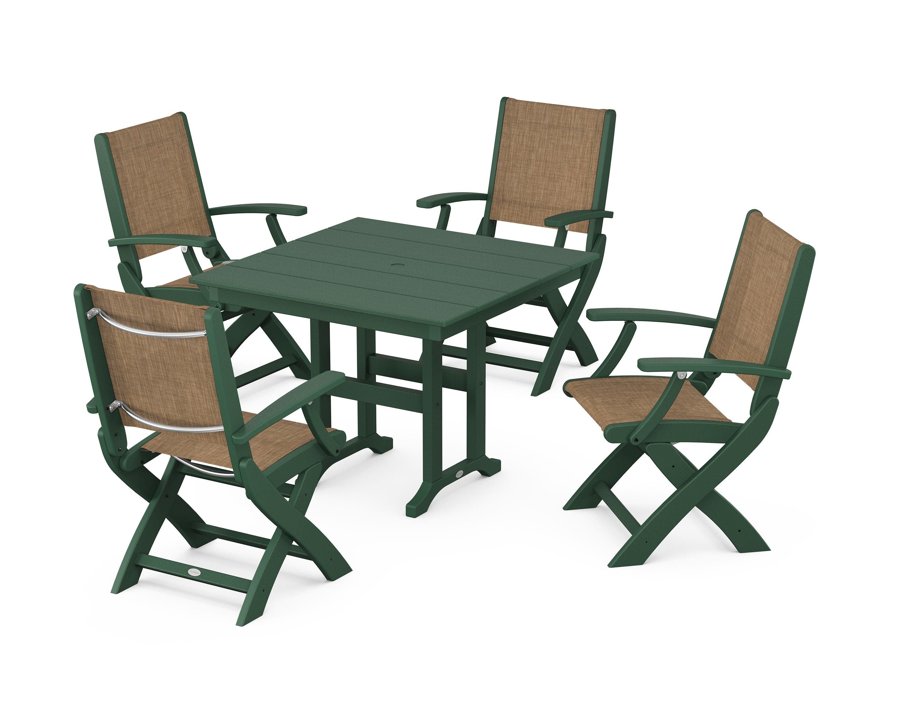 POLYWOOD® Coastal Folding Chair 5-Piece Farmhouse Dining Set in Green / Burlap Sling