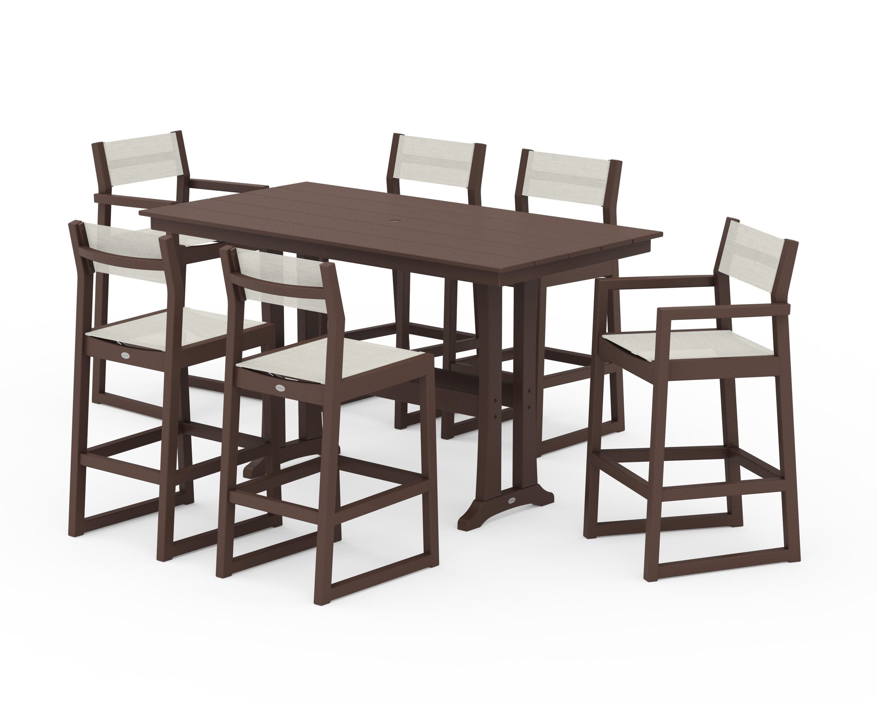 POLYWOOD® EDGE Sling 7-Piece Farmhouse Bar Set with Trestle Legs in Mahogany / Parchment Sling