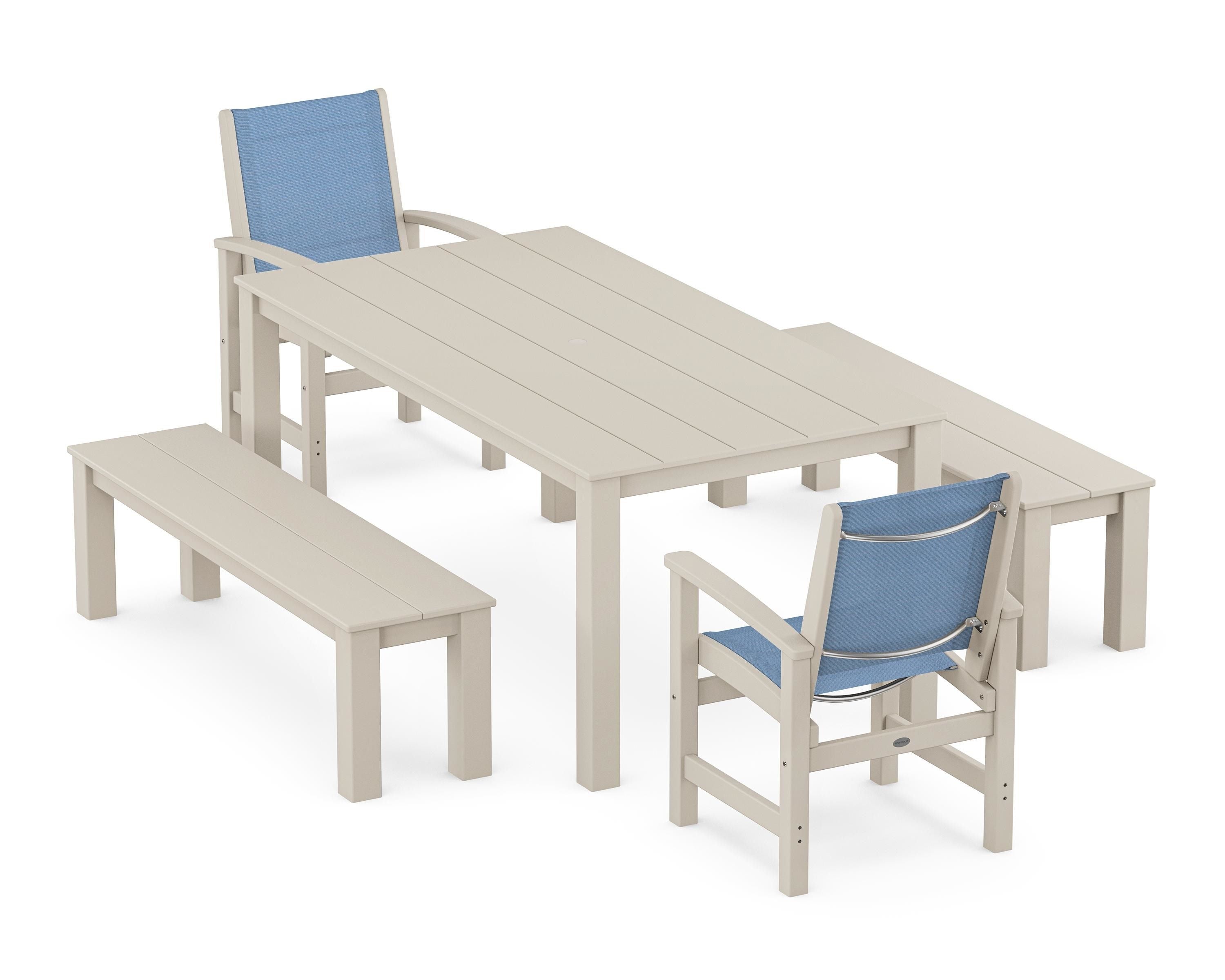 POLYWOOD® Coastal 5-Piece Parsons Dining Set with Benches in Sand / Poolside Sling