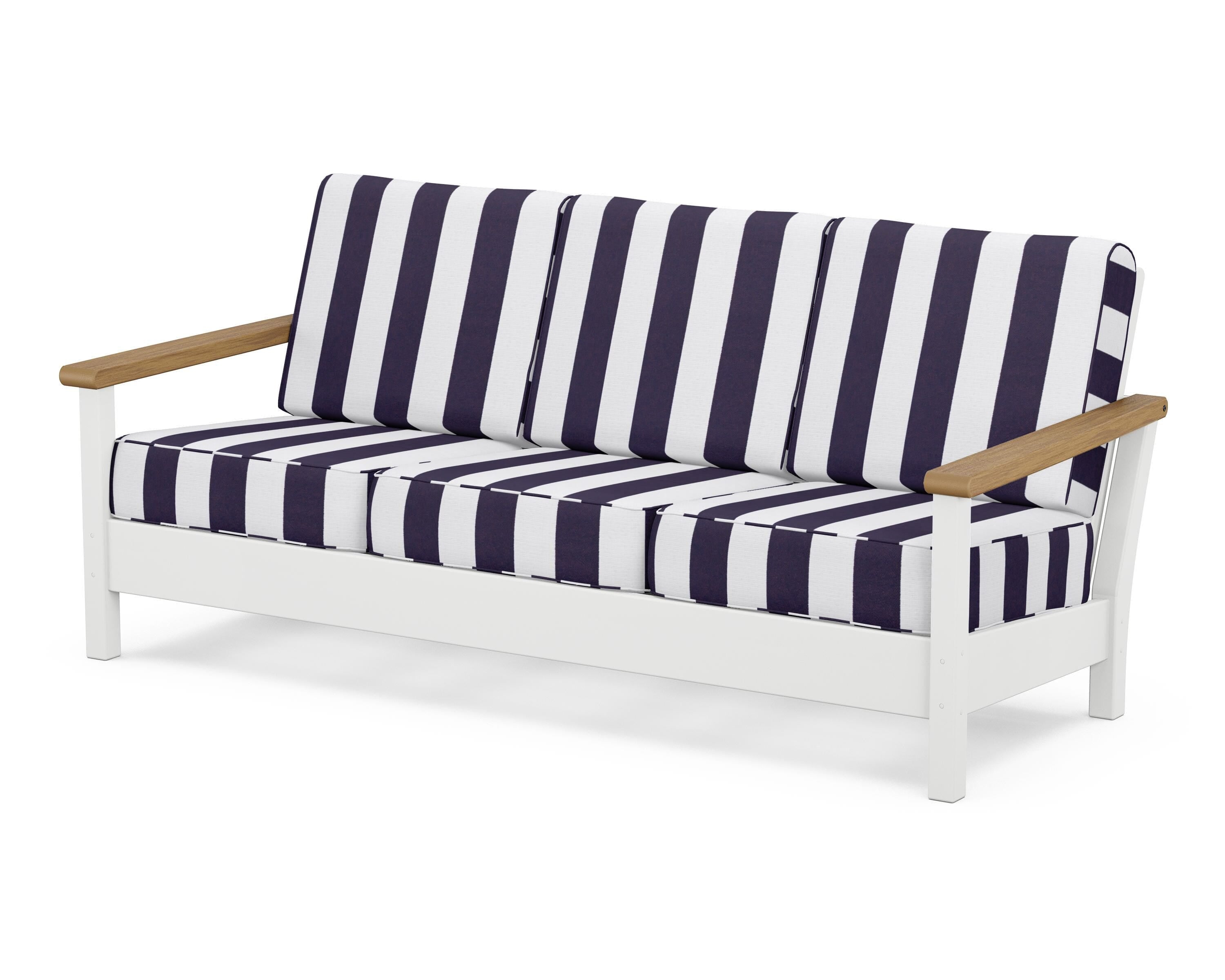 POLYWOOD® Harbour Deep Seating Sofa in White / Natural / Cabana Stripe Navy