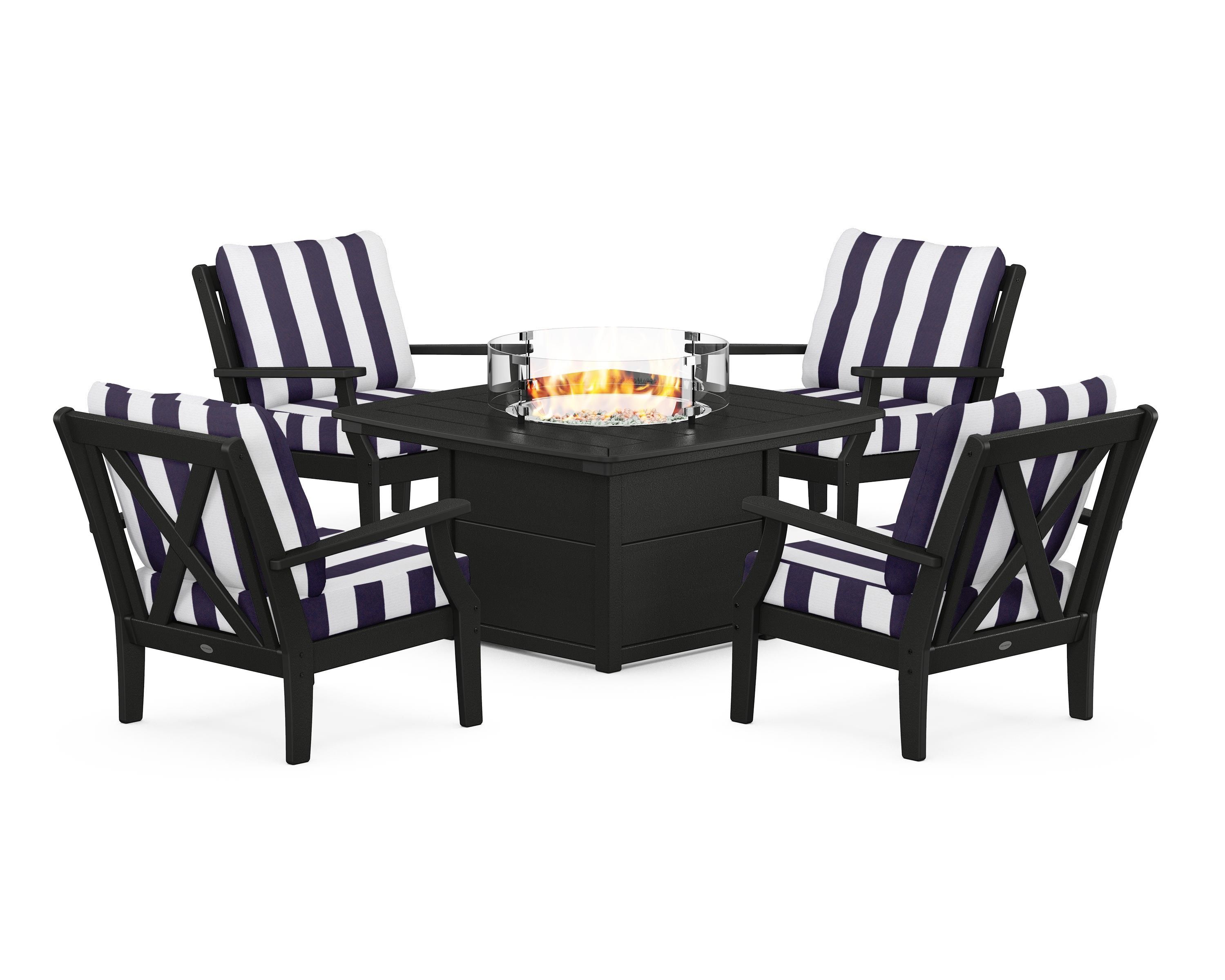 POLYWOOD® Braxton 5-Piece Deep Seating Conversation Set with Fire Pit Table in Black / Cabana Stripe Navy