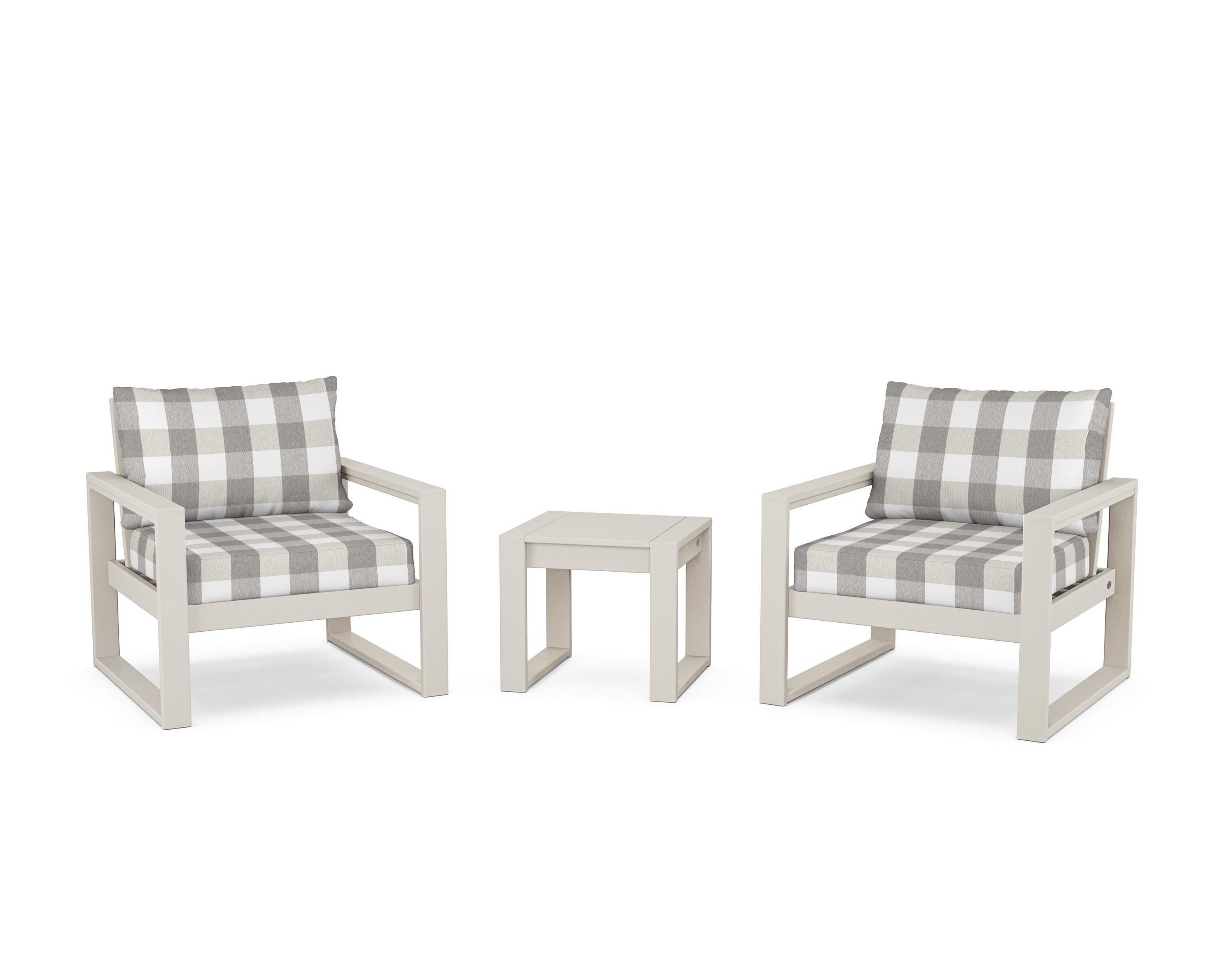 POLYWOOD® EDGE Sectional 3-Piece Deep Seating Set in Sand / Buffalo Plaid Grey Mist