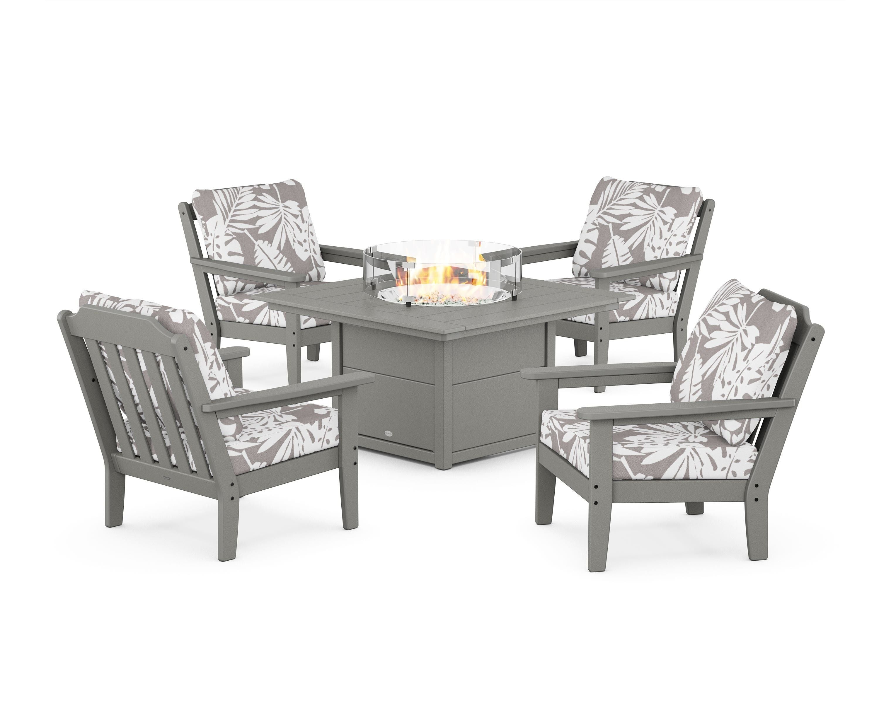Country Living Cottage 5-Piece Deep Seating Set with Fire Pit Table in Slate Grey / Leaf Grey Mist
