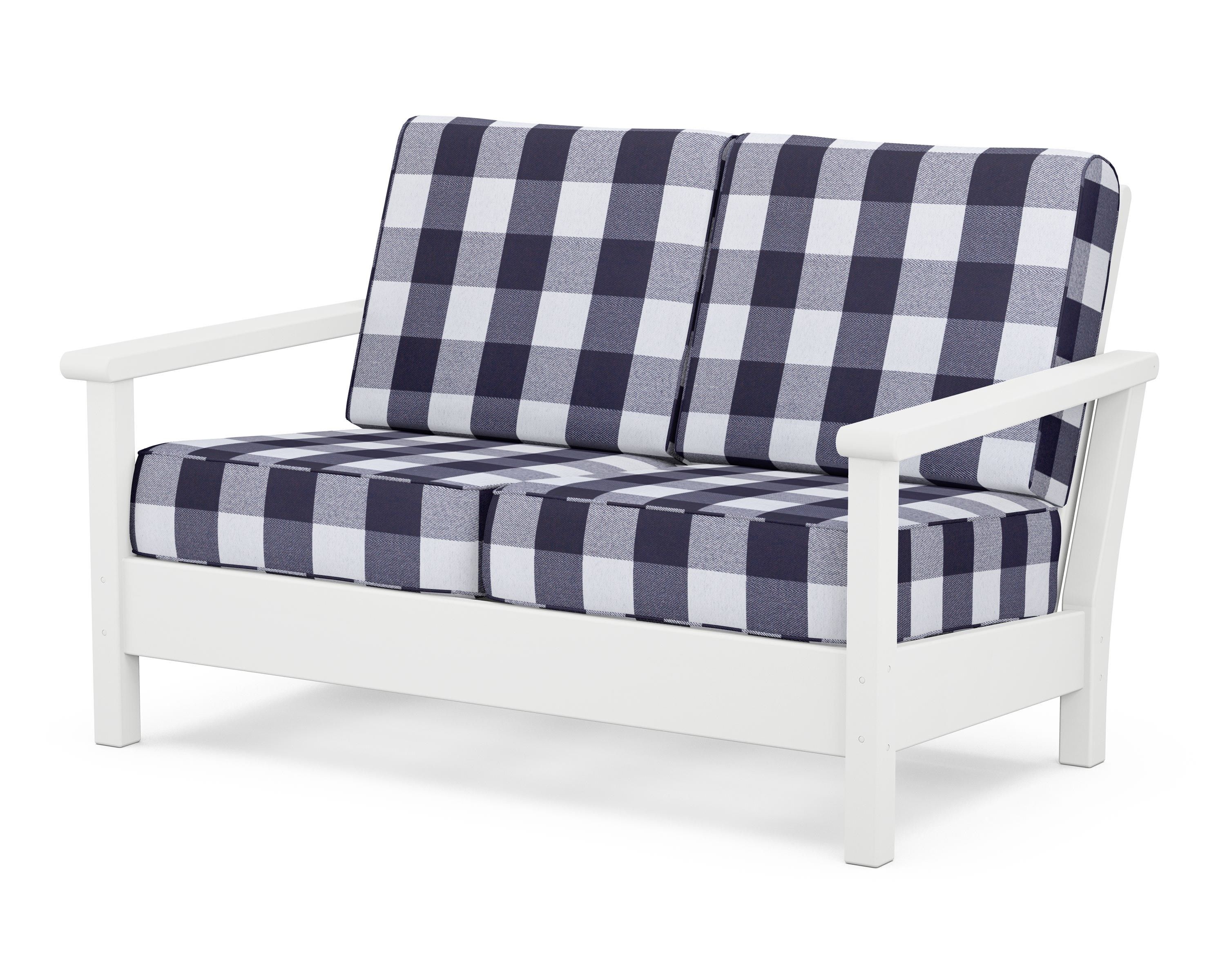 POLYWOOD® Harbour Deep Seating Loveseat in White / Buffalo Plaid Navy