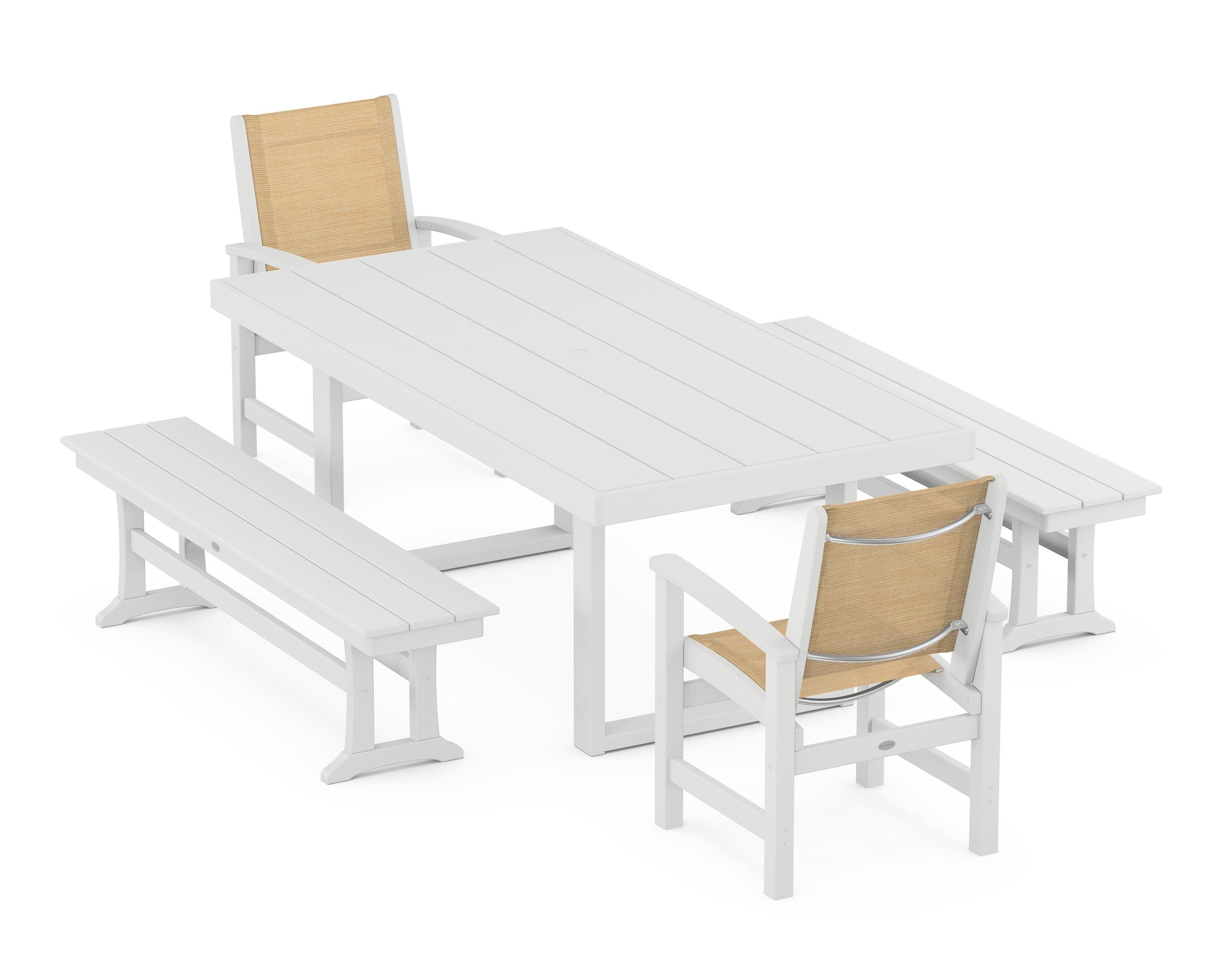 POLYWOOD® Coastal 5-Piece Dining Set with Trestle Legs in White / Dupioni Apricot Sling