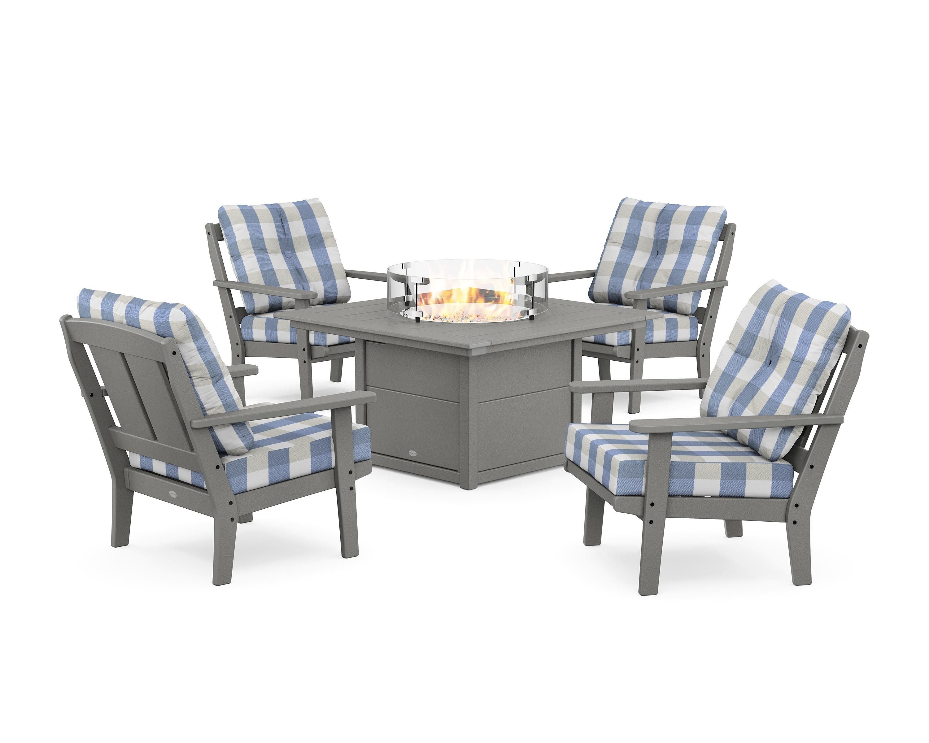 POLYWOOD® Mission 5-Piece Deep Seating Set with Fire Pit Table in Slate Grey / Buffalo Plaid Sky Blue