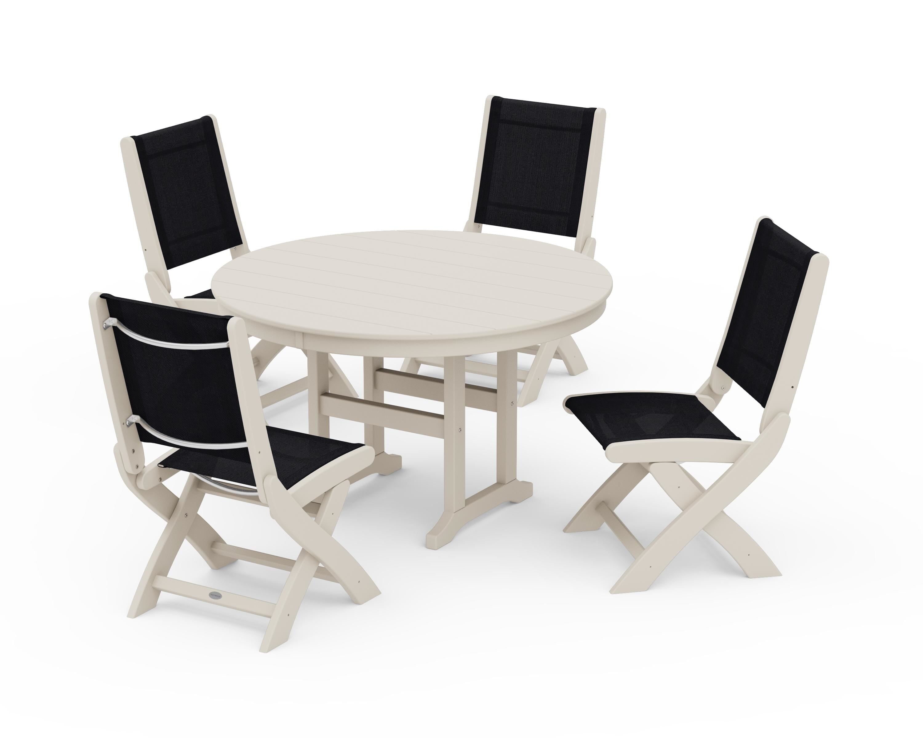 POLYWOOD® Coastal Folding Side Chair 5-Piece Round Dining Set in Sand / Black Sling