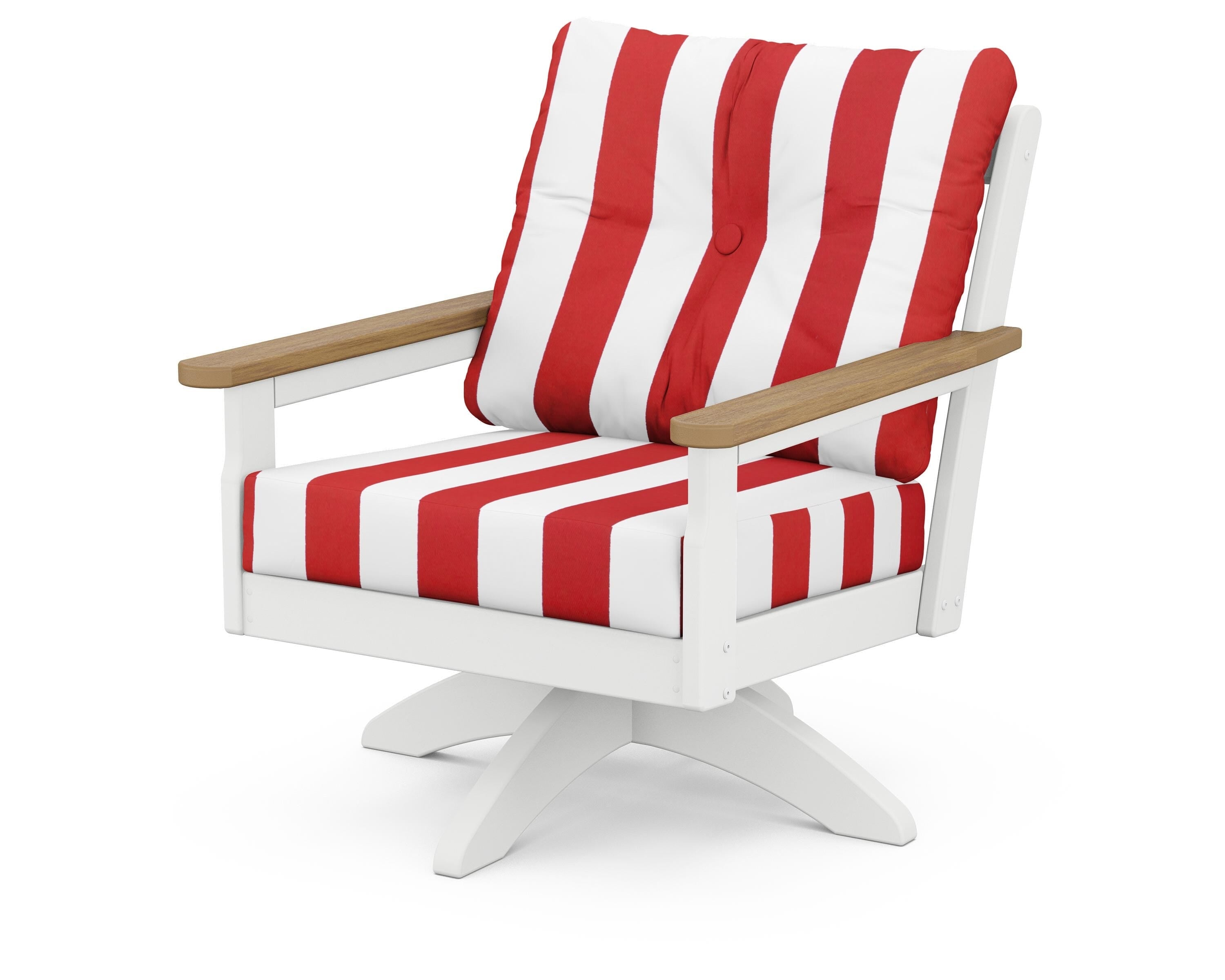 POLYWOOD® Vineyard Deep Seating Swivel Chair in White / Natural / Cabana Stripe Crimson