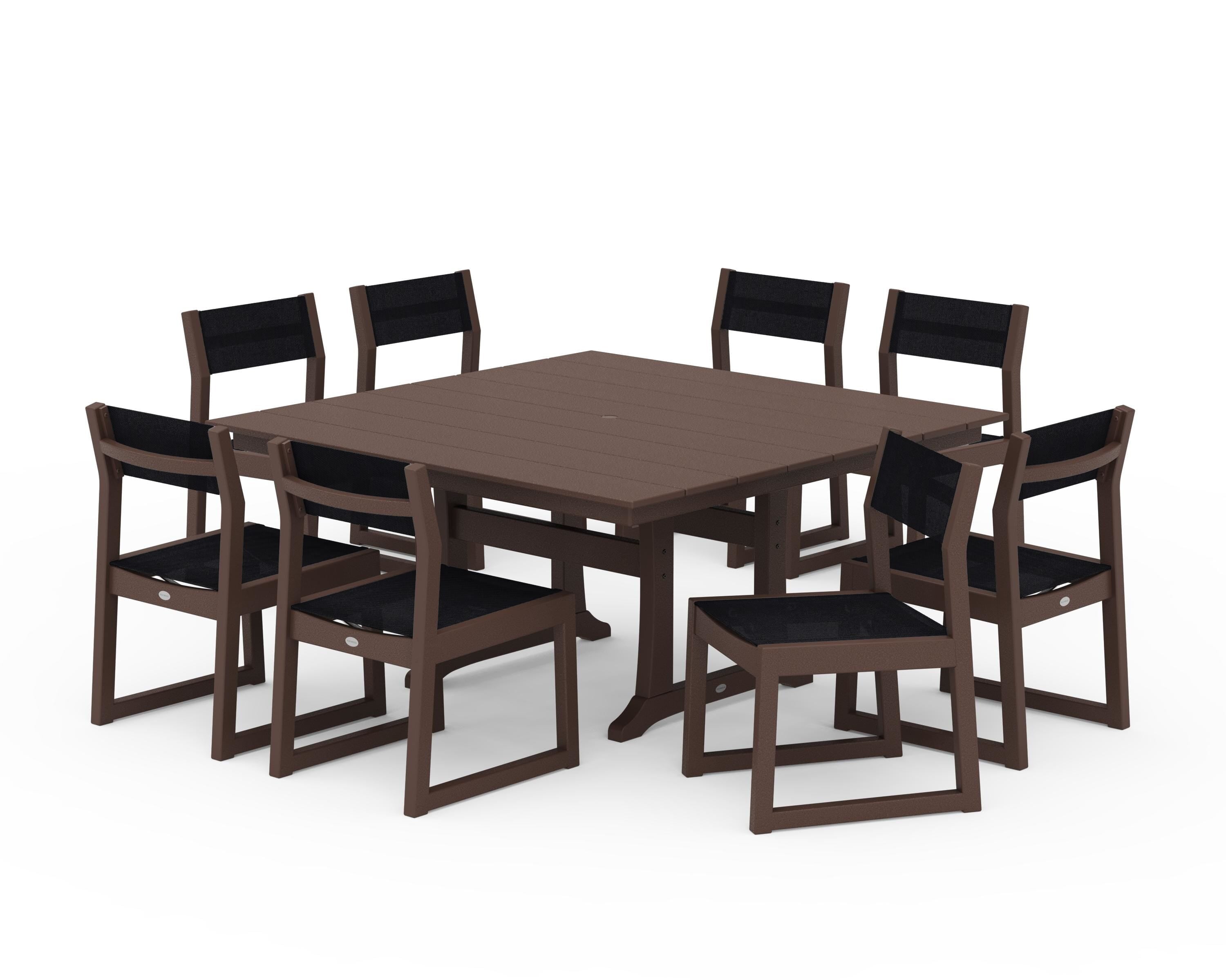POLYWOOD® EDGE Sling Side Chair 9-Piece Farmhouse Trestle Dining Set in Mahogany / Black Sling