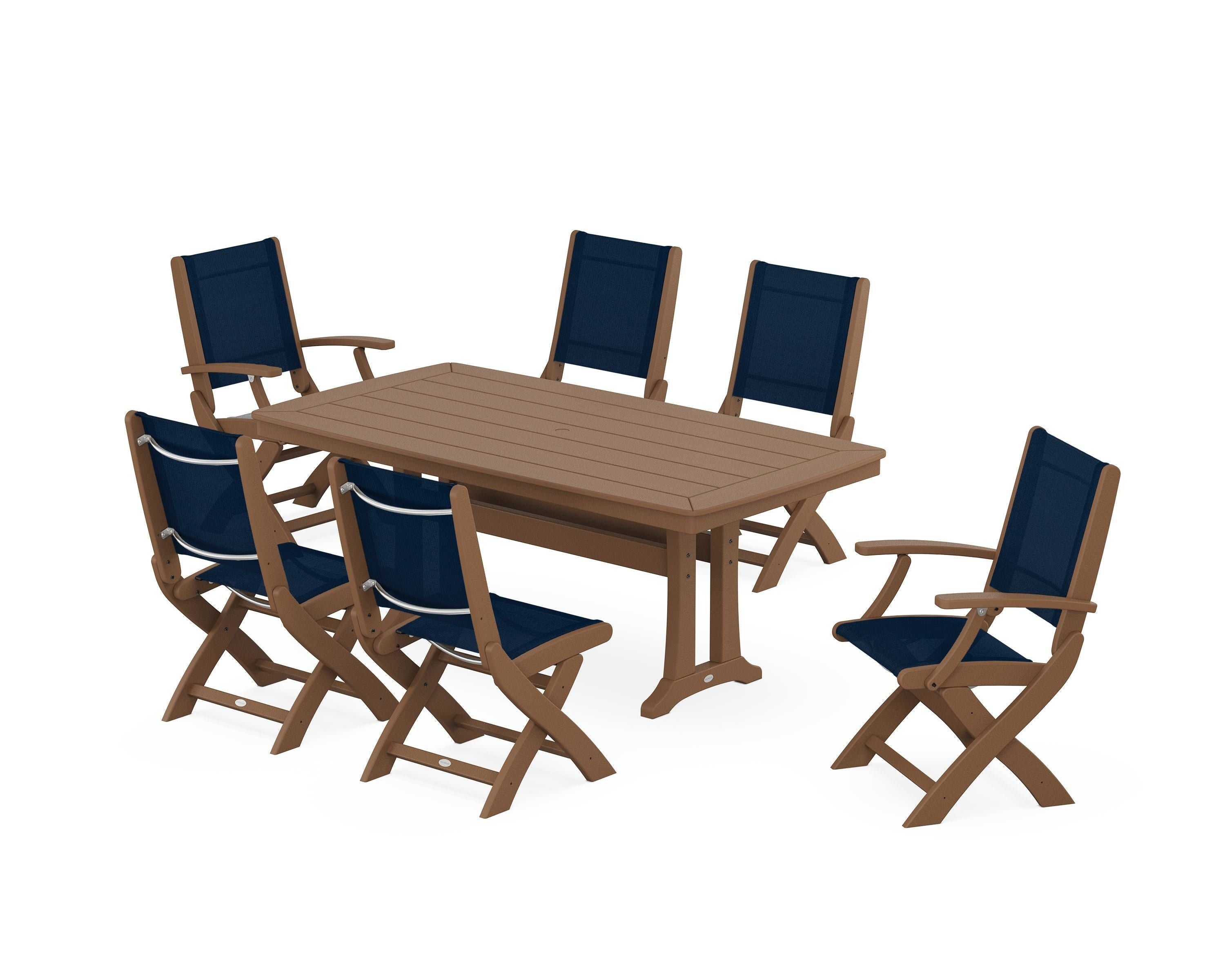 POLYWOOD® Coastal Folding Chair 7-Piece Dining Set with Trestle Legs in Teak / Navy Blue Sling