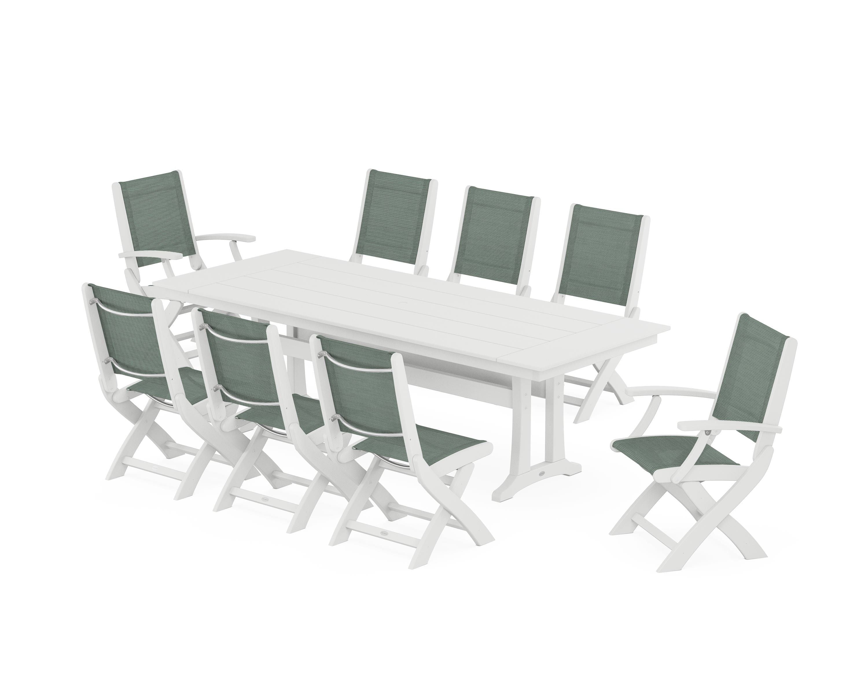 POLYWOOD® Coastal 9-Piece Folding Dining Chair Farmhouse Dining Set with Trestle Legs in White / Dupioni Sea Mist Sling