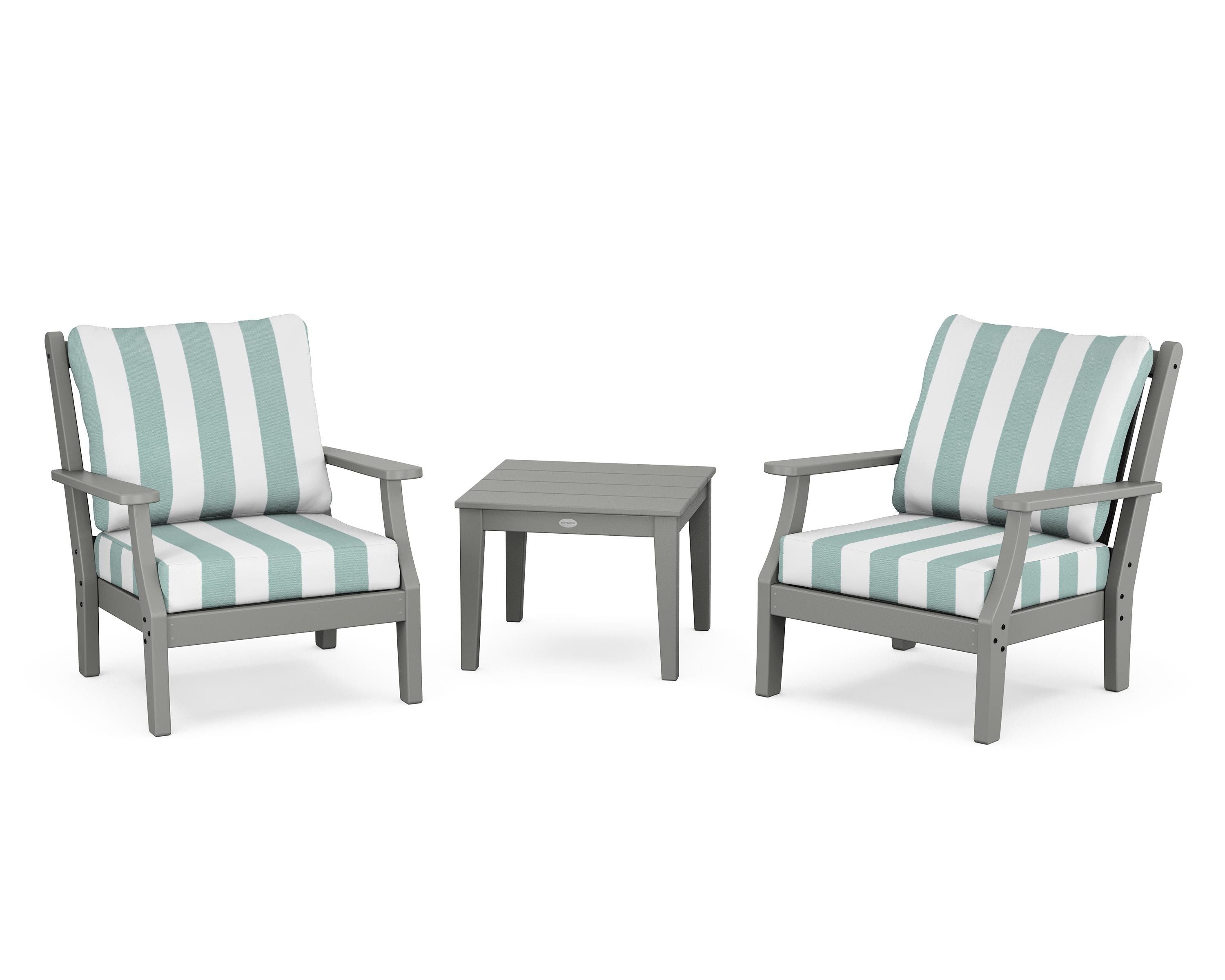 Country Living Wovendale 3-Piece Deep Seating Set in Slate Grey / Cabana Stripe Glacier Spa