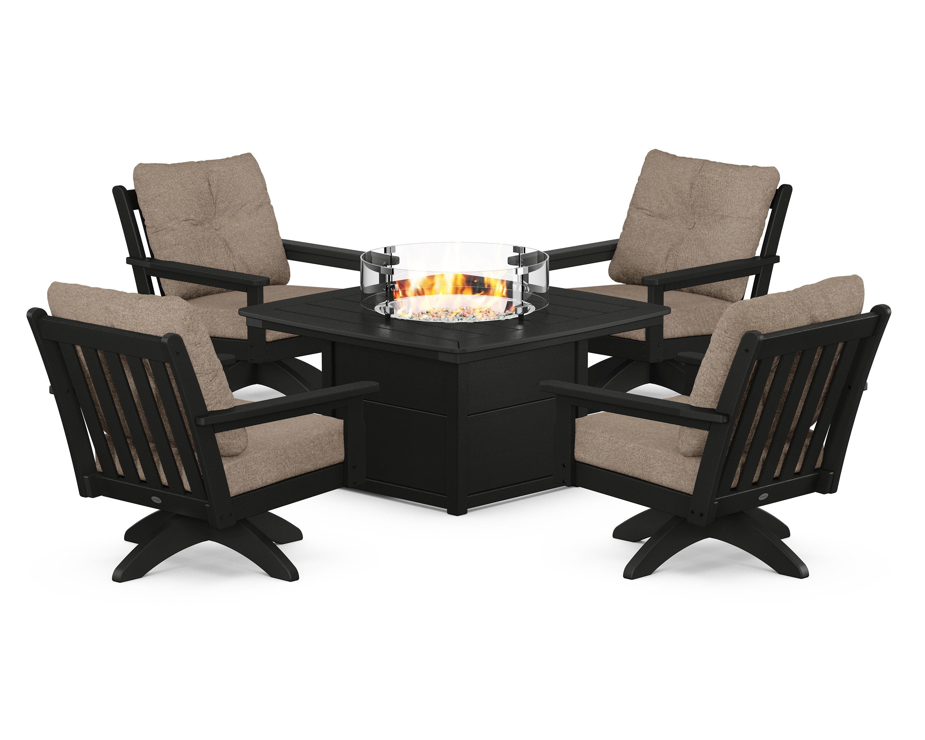 POLYWOOD® Vineyard 5-Piece Deep Seating Swivel Conversation Set with Fire Pit Table in Black / Spiced Burlap