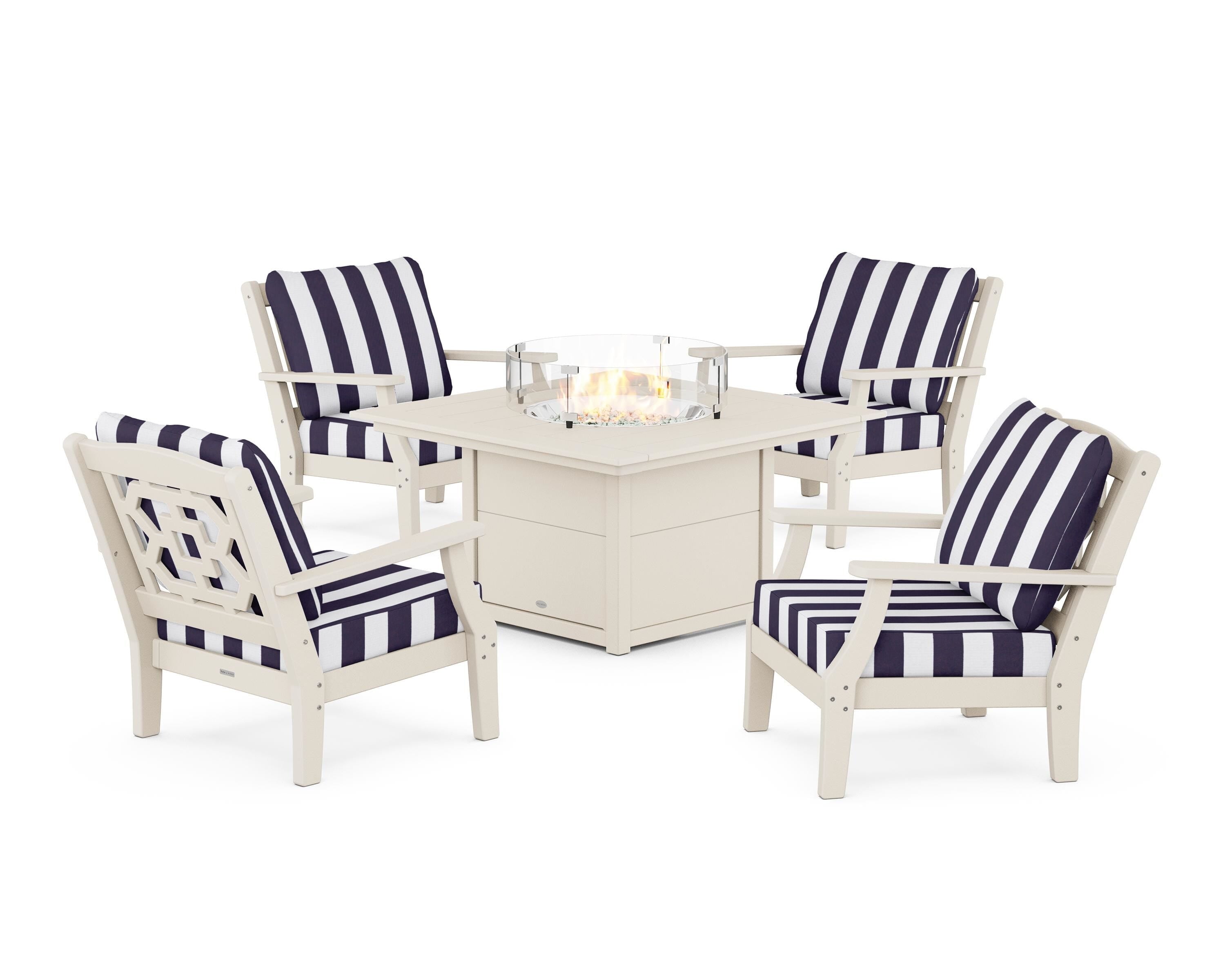 Martha Stewart by POLYWOOD® Chinoiserie 5-Piece Deep Seating Set with Fire Pit Table in Sand / Cabana Stripe Navy