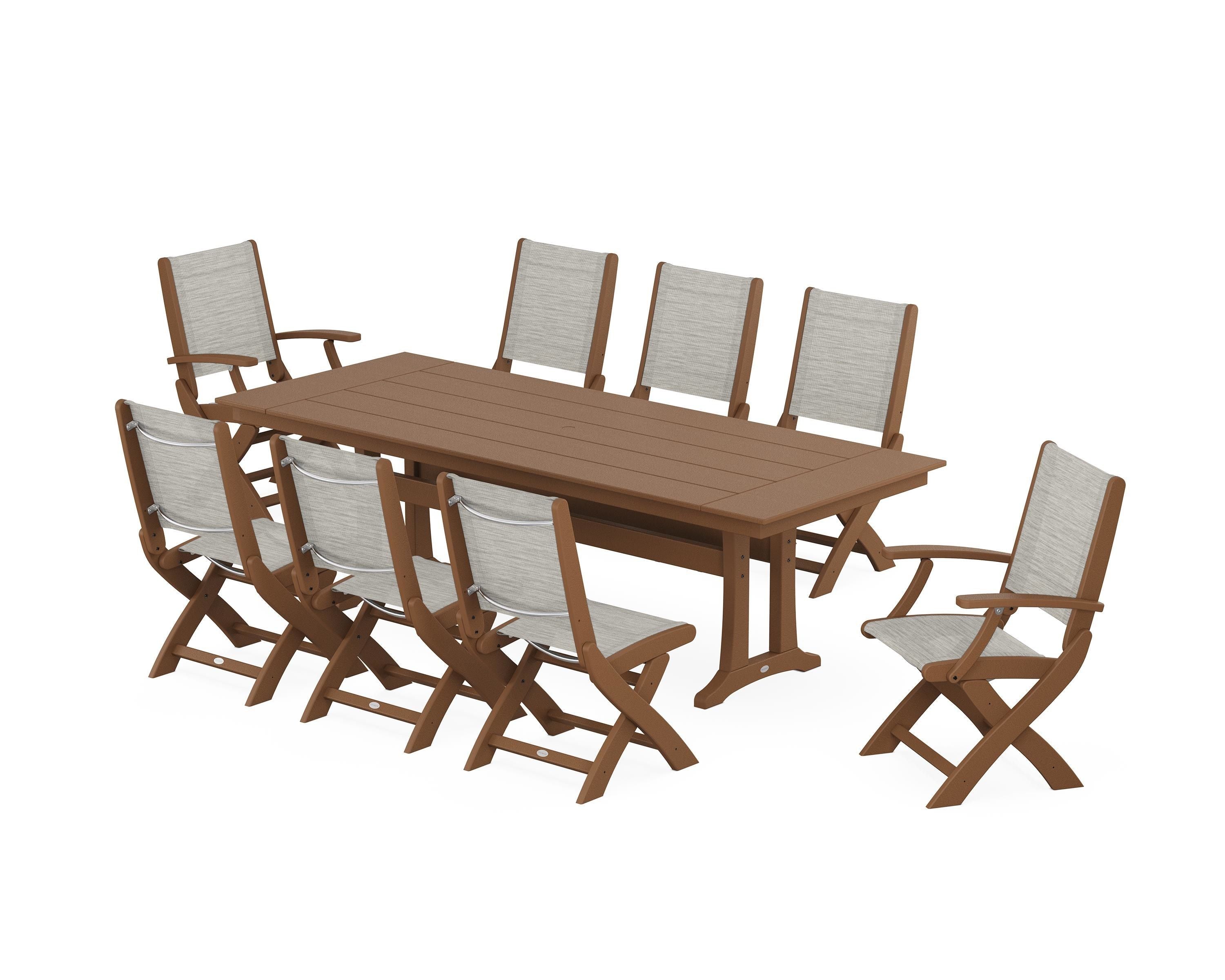 POLYWOOD® Coastal 9-Piece Folding Dining Chair Farmhouse Dining Set with Trestle Legs in Teak / Birch Sling