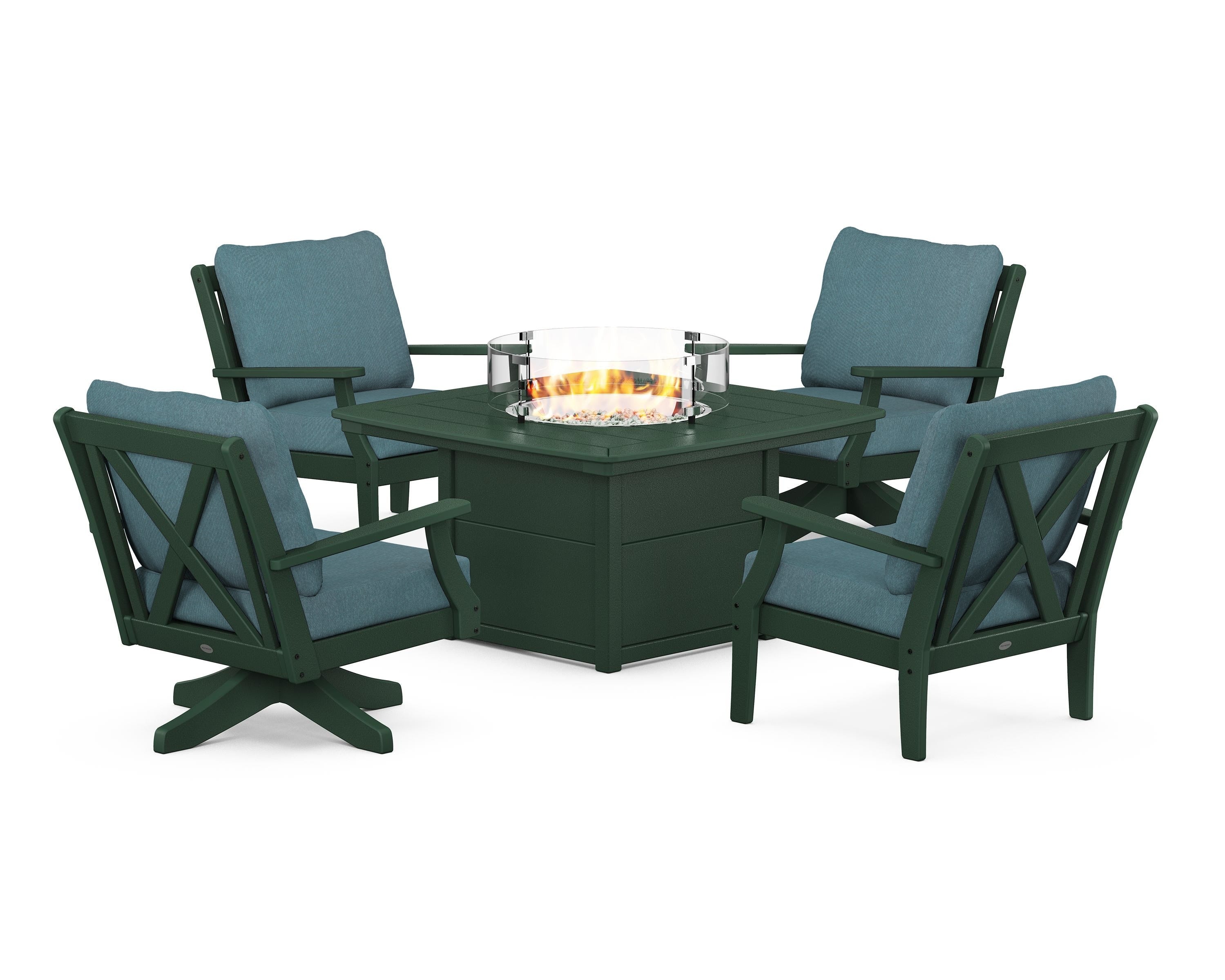 POLYWOOD® Braxton 5-Piece Deep Seating Set with Fire Table in Green / Ocean Teal