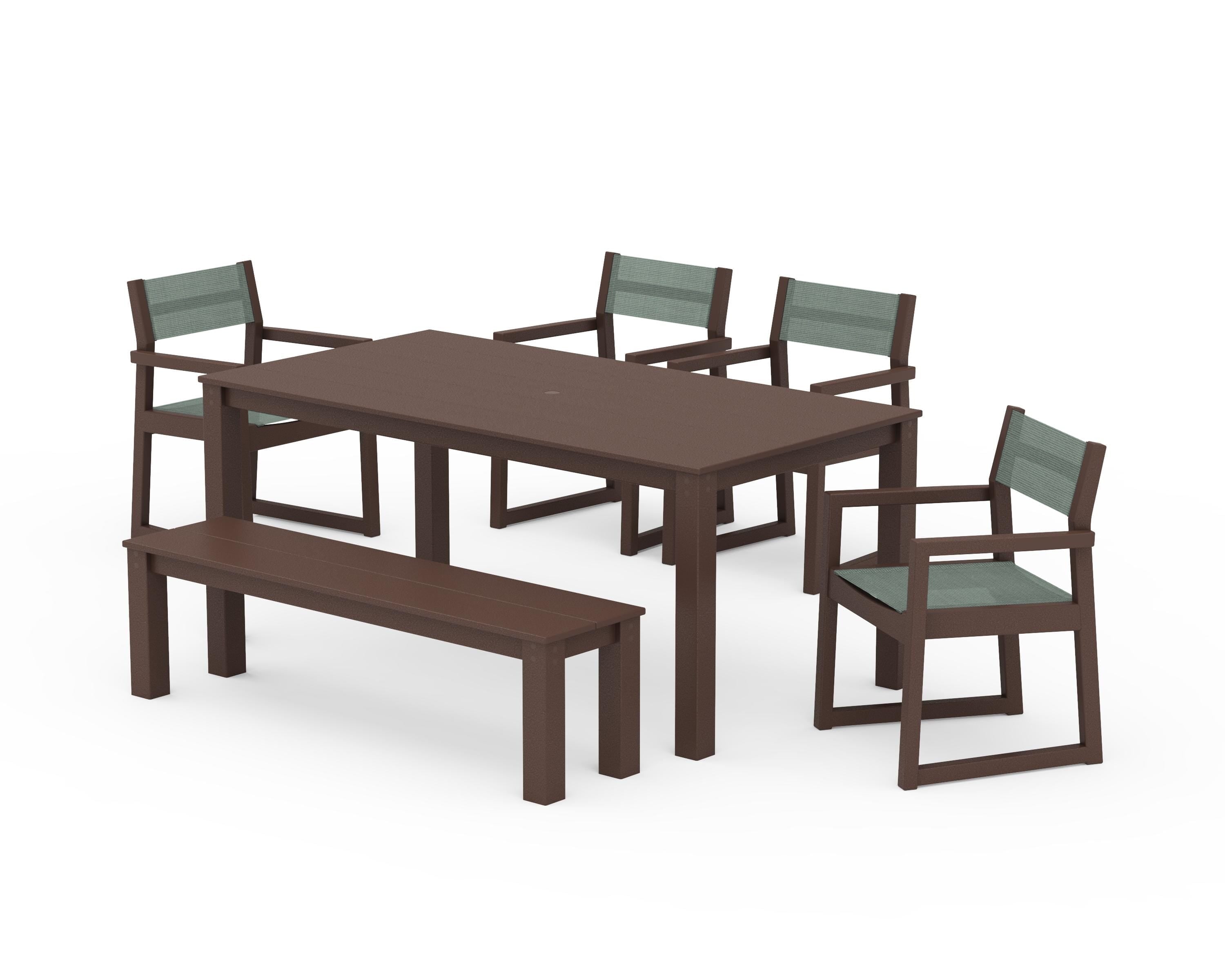 POLYWOOD® EDGE Sling Arm Chair 6-Piece Parsons Dining Set with Bench in Mahogany / Dupioni Sea Mist Sling
