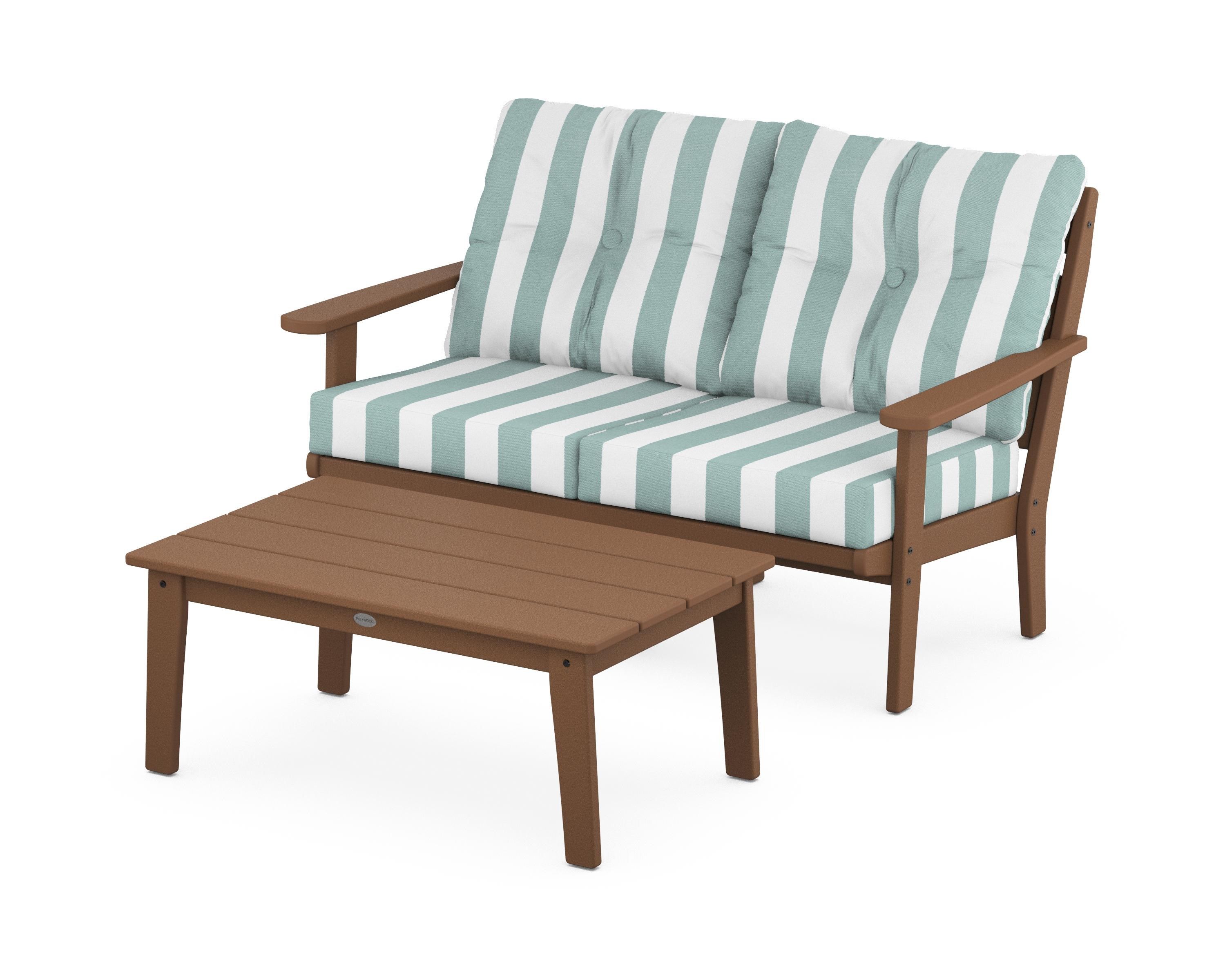 POLYWOOD® Lakeside 2-Piece Lounge Loveseat Set in Teak / Cabana Stripe Glacier Spa