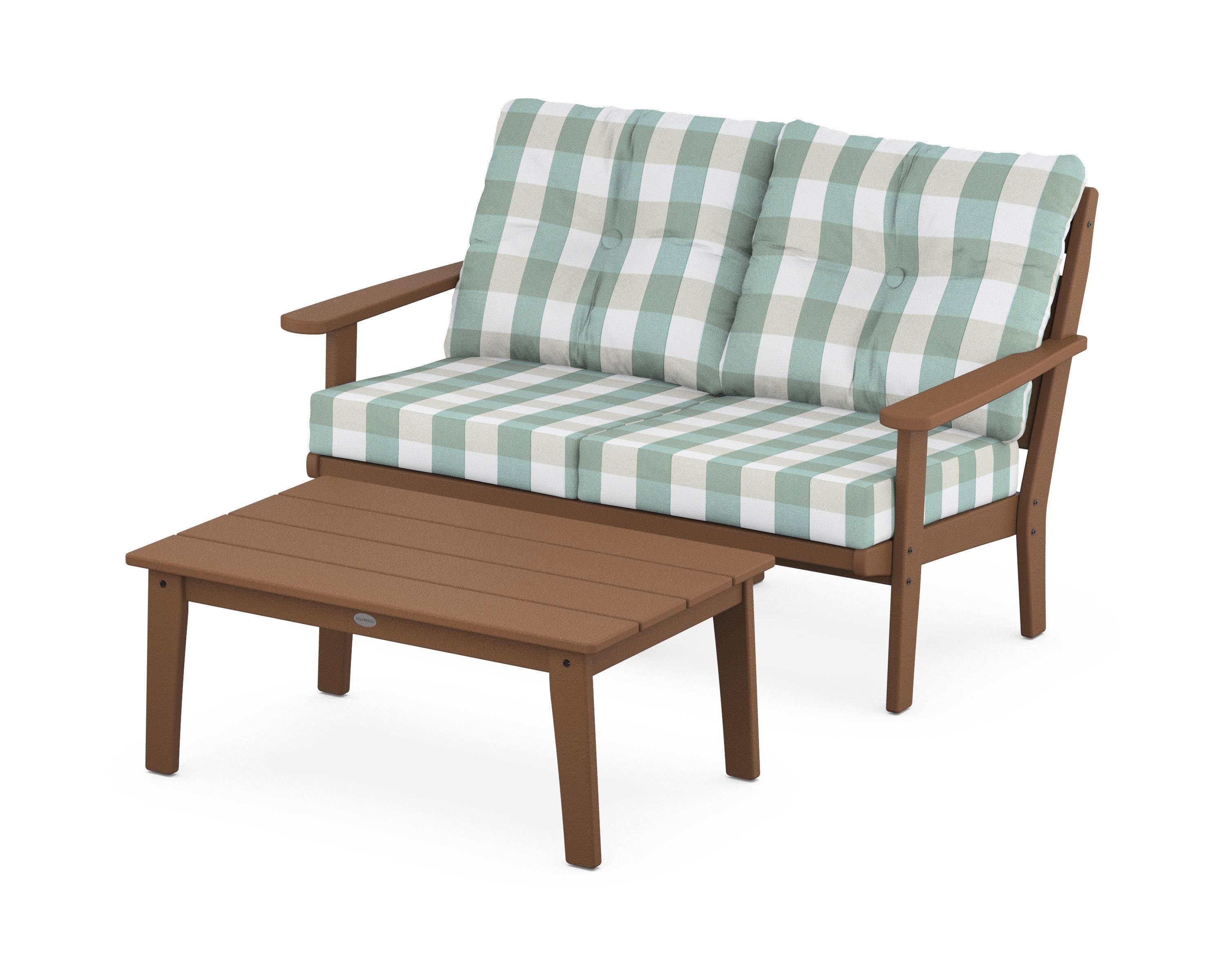 POLYWOOD® Lakeside 2-Piece Lounge Loveseat Set in Teak / Buffalo Plaid Glacier Spa