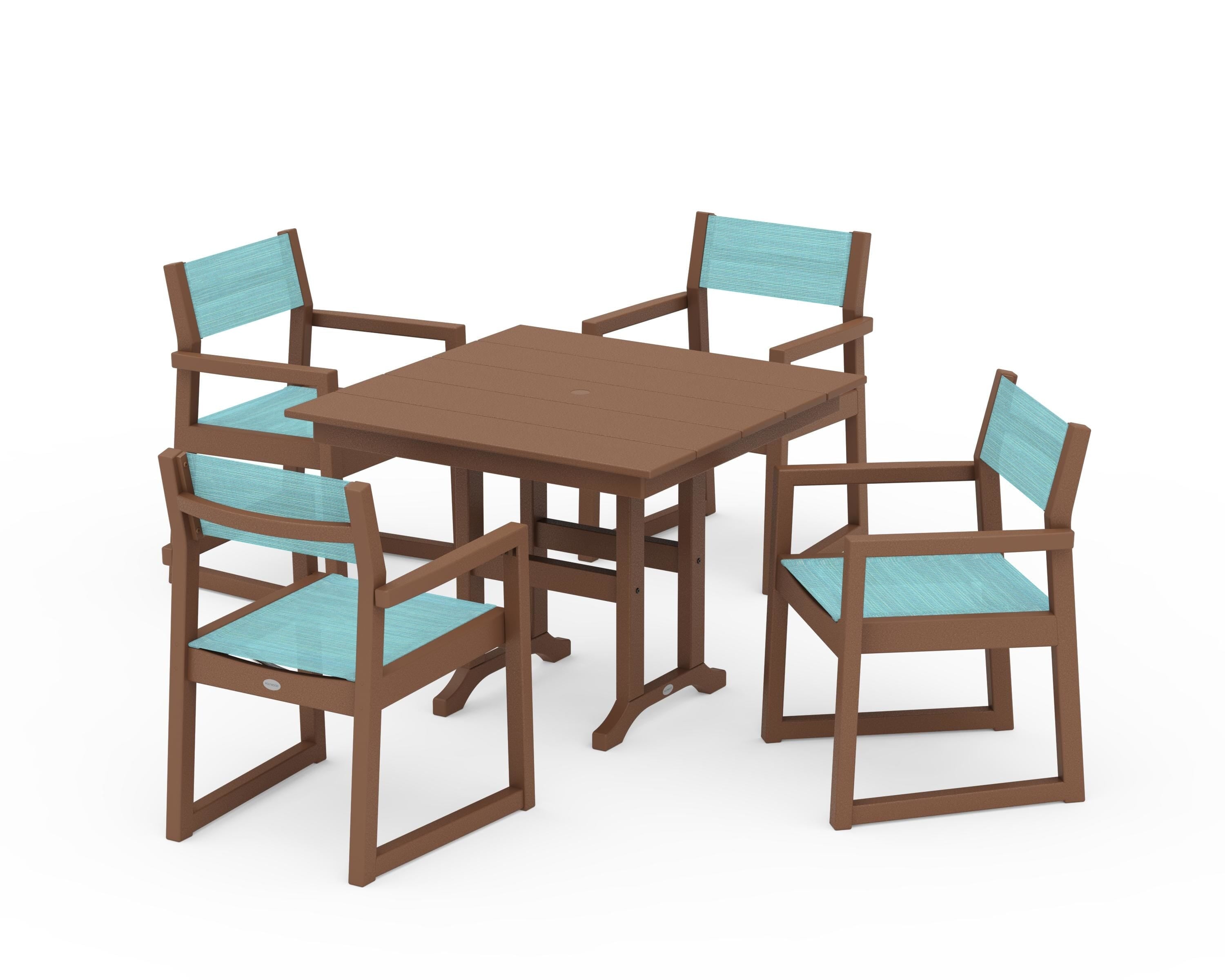 POLYWOOD® EDGE Sling Arm Chair 5-Piece Farmhouse Dining Set in Teak / Dupioni Aquamarine Sling