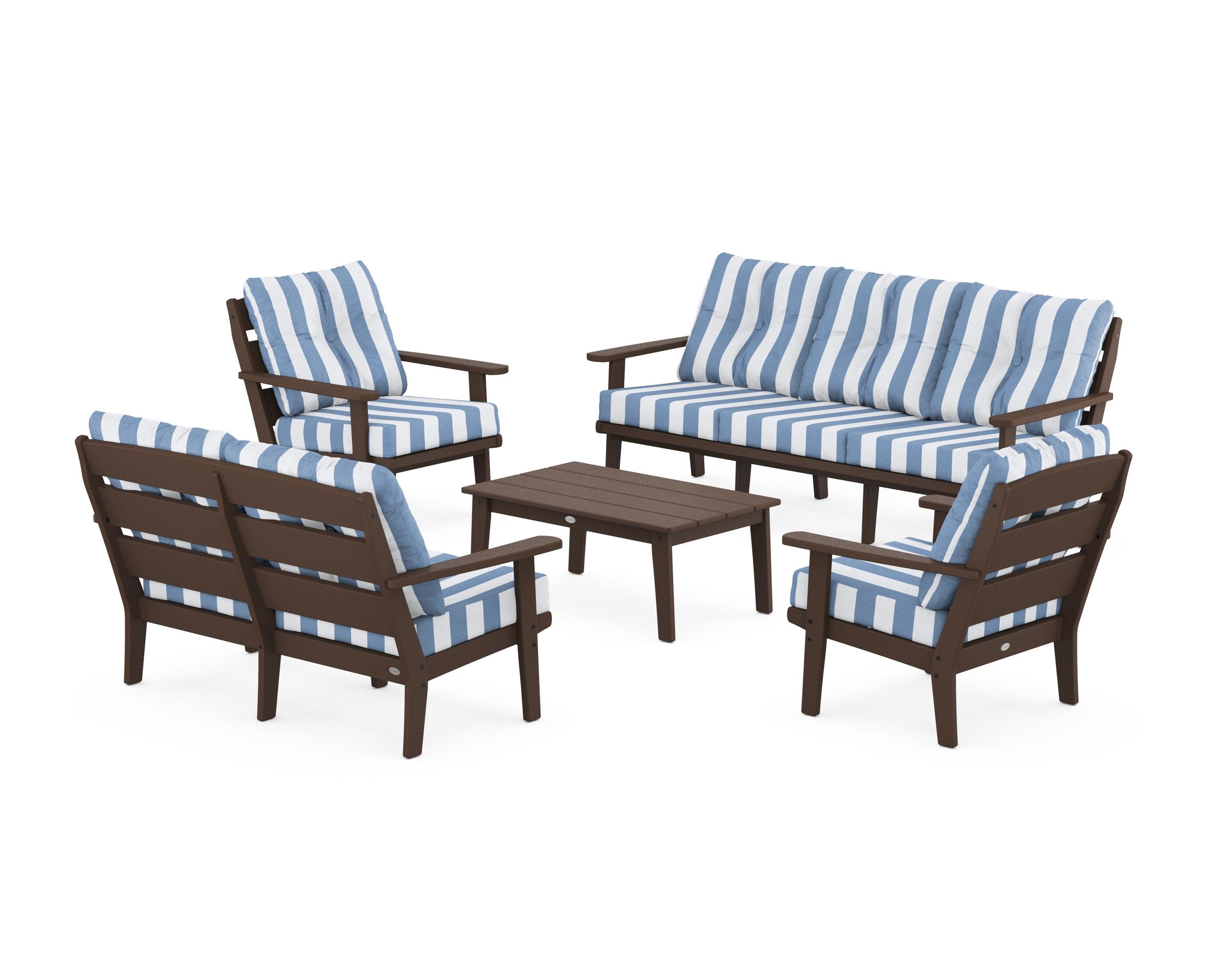 POLYWOOD® Lakeside 5-Piece Lounge Sofa Set in Mahogany / Cabana Stripe Sky Blue