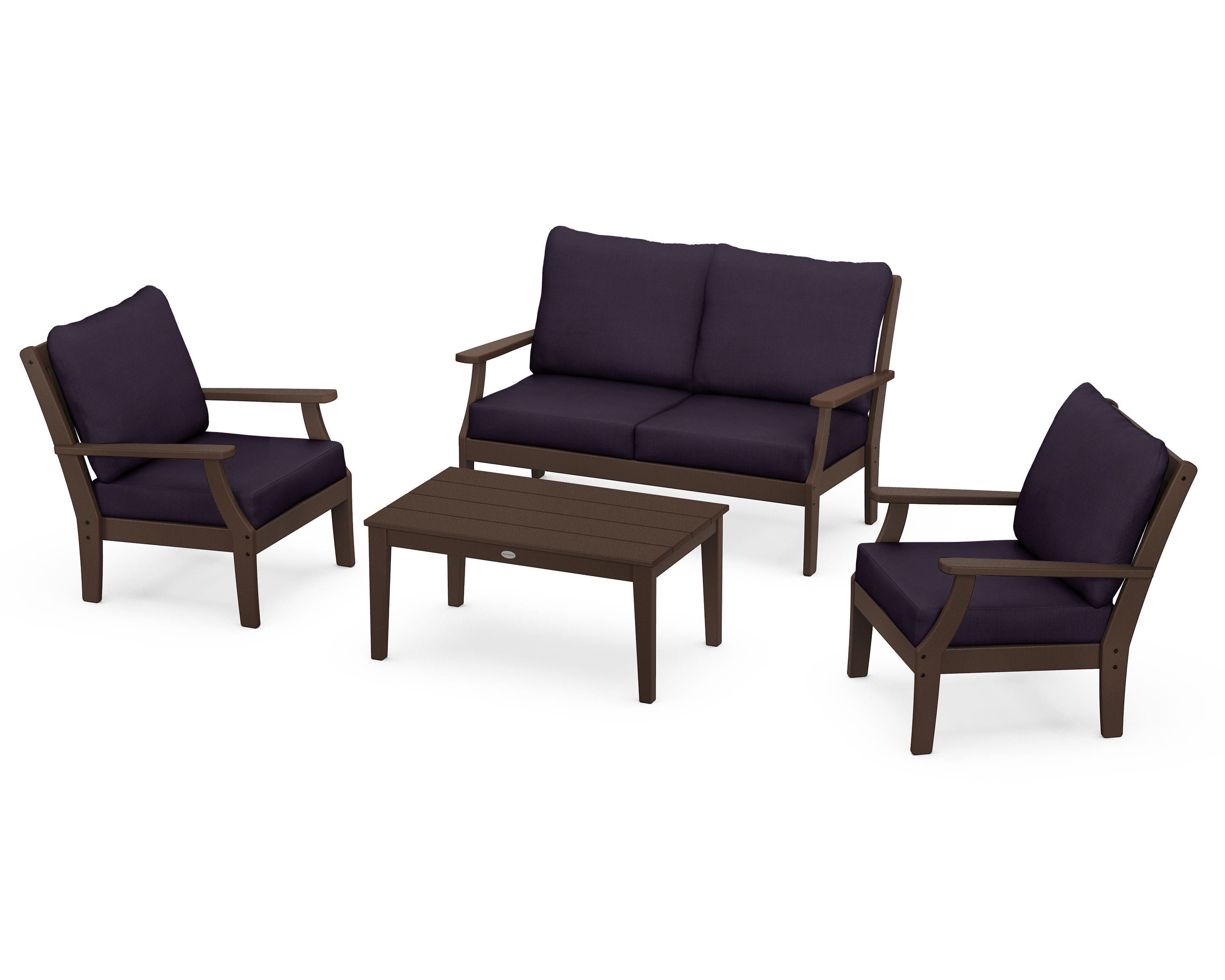 POLYWOOD® Braxton 4-Piece Deep Seating Chair Set in Mahogany / Navy Linen