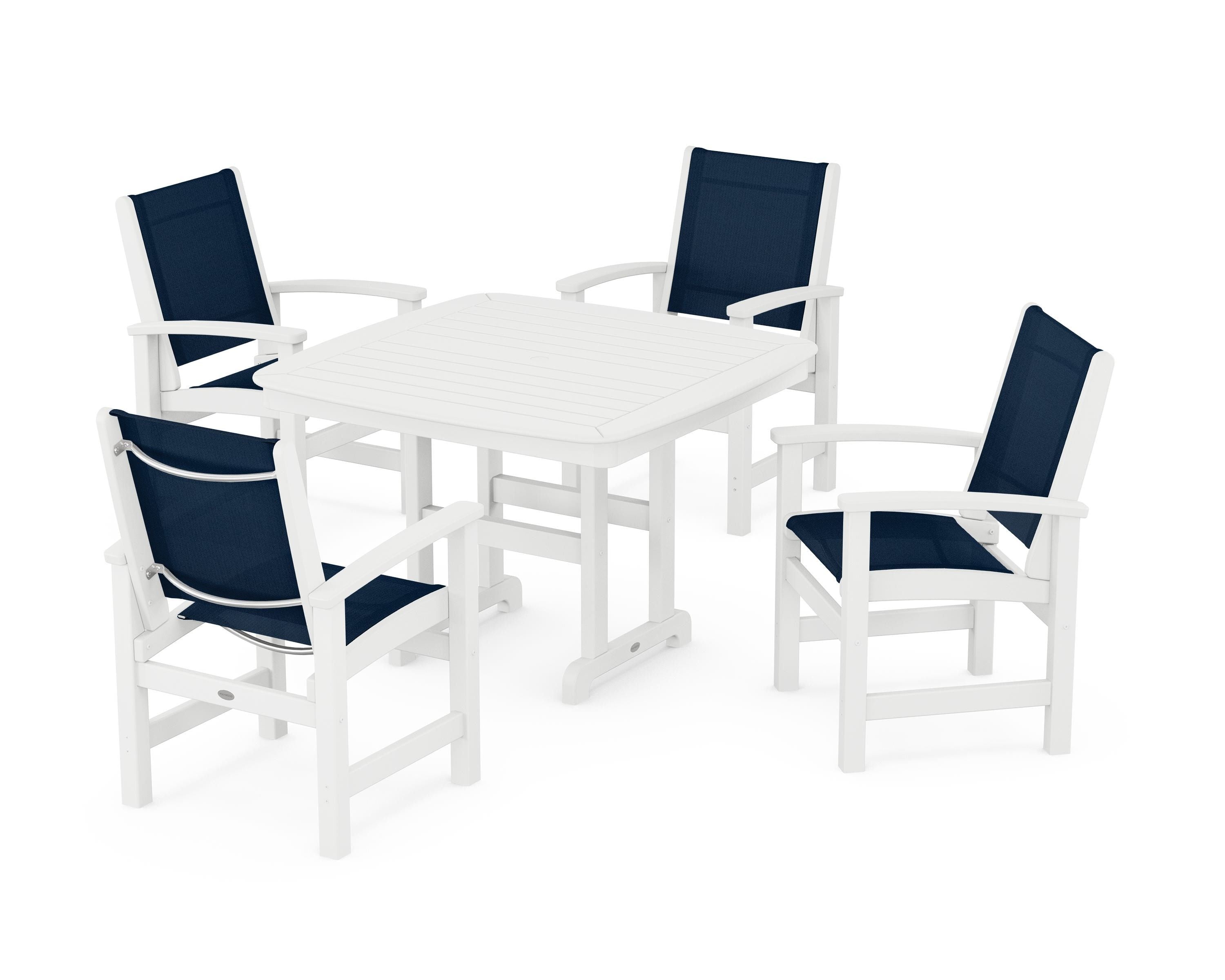 POLYWOOD® Coastal 5-Piece Dining Set in White / Navy Blue Sling
