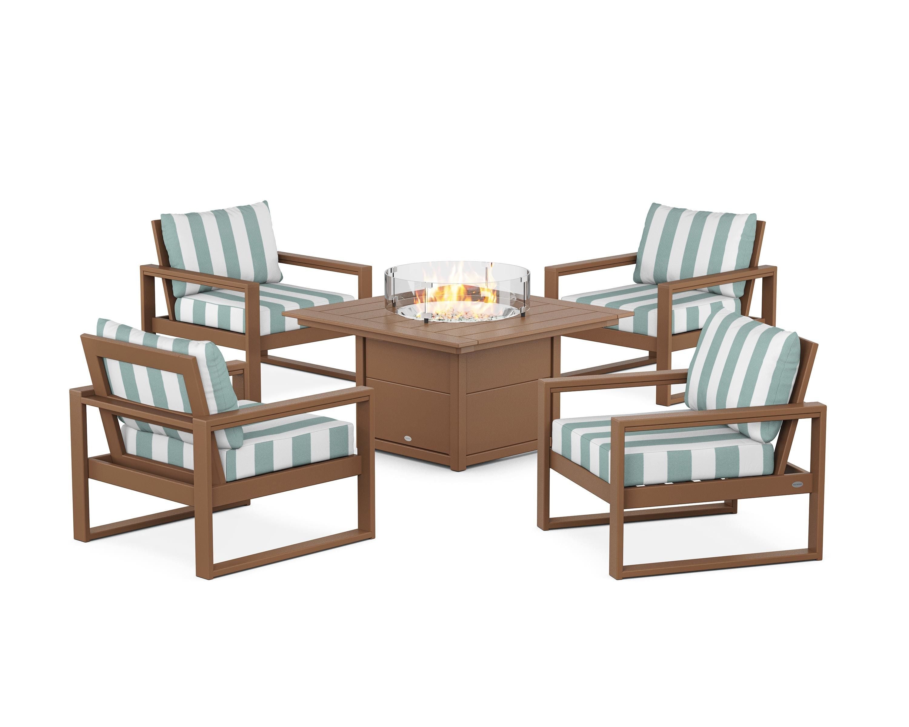POLYWOOD® EDGE Sectional 5-Piece Deep Seating Set with Fire Pit Table in Teak / Cabana Stripe Glacier Spa
