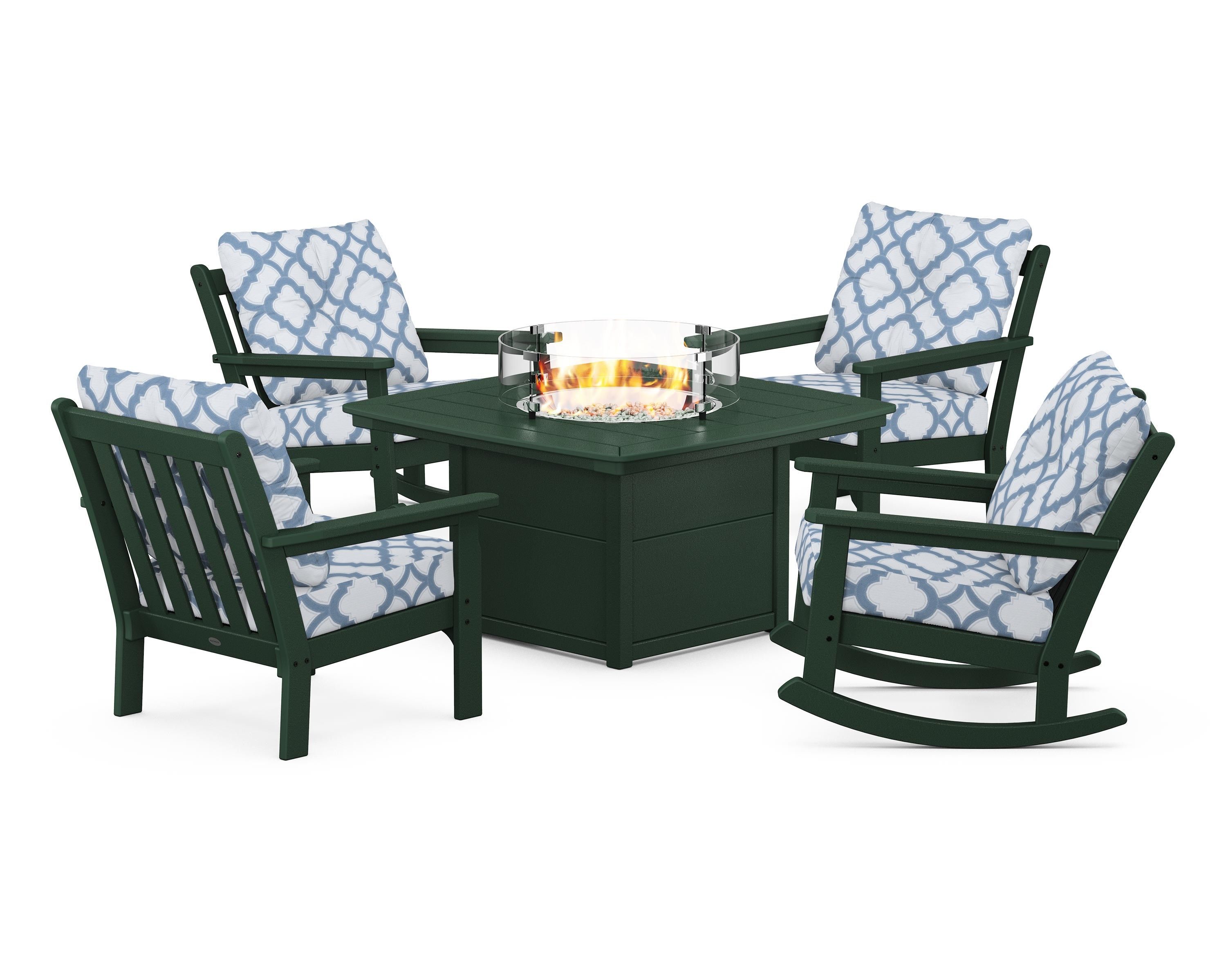 POLYWOOD® Vineyard 5-Piece Deep Seating Rocking Chair Conversation Set with Fire Pit Table in Green / Trellis Sky Blue