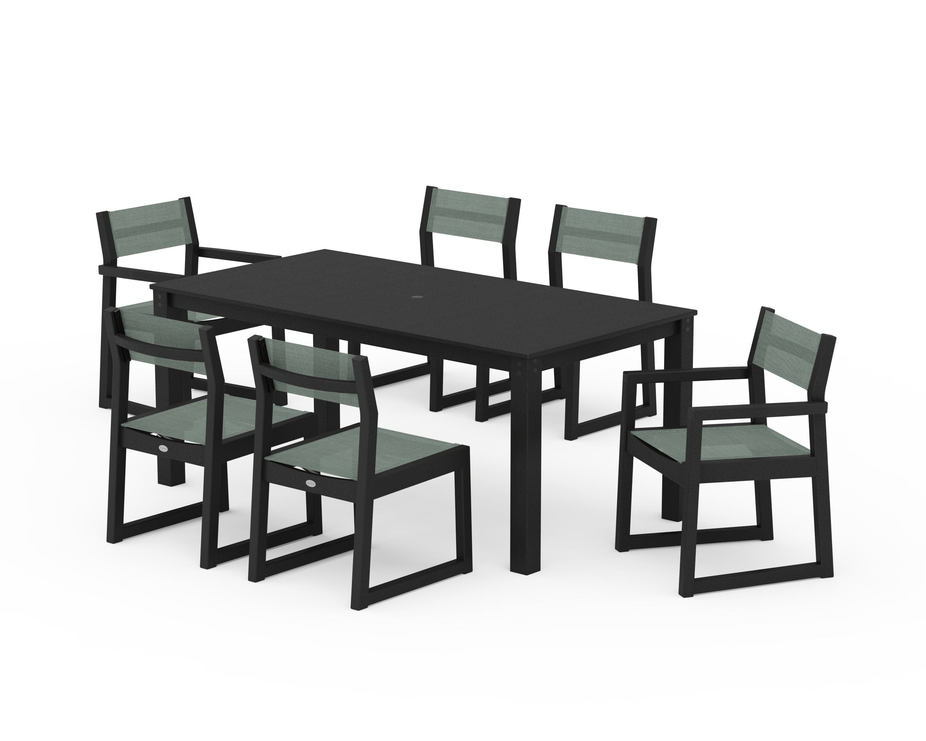 POLYWOOD® EDGE Sling 7-Piece Parsons Dining Set in Black / Dupioni Sea Mist Sling