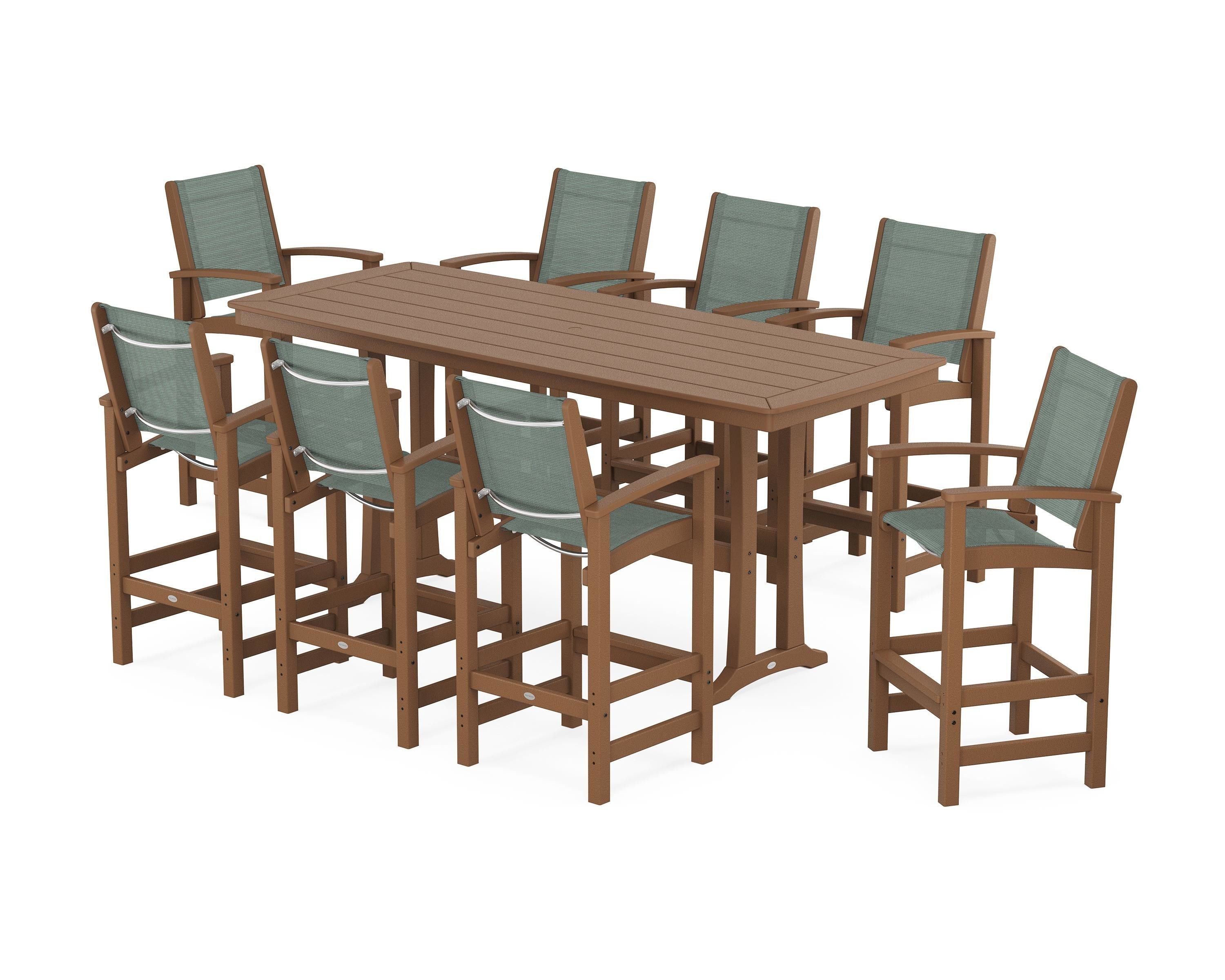 POLYWOOD® Coastal 9-Piece Bar Set with Trestle Legs in Teak / Dupioni Sea Mist Sling