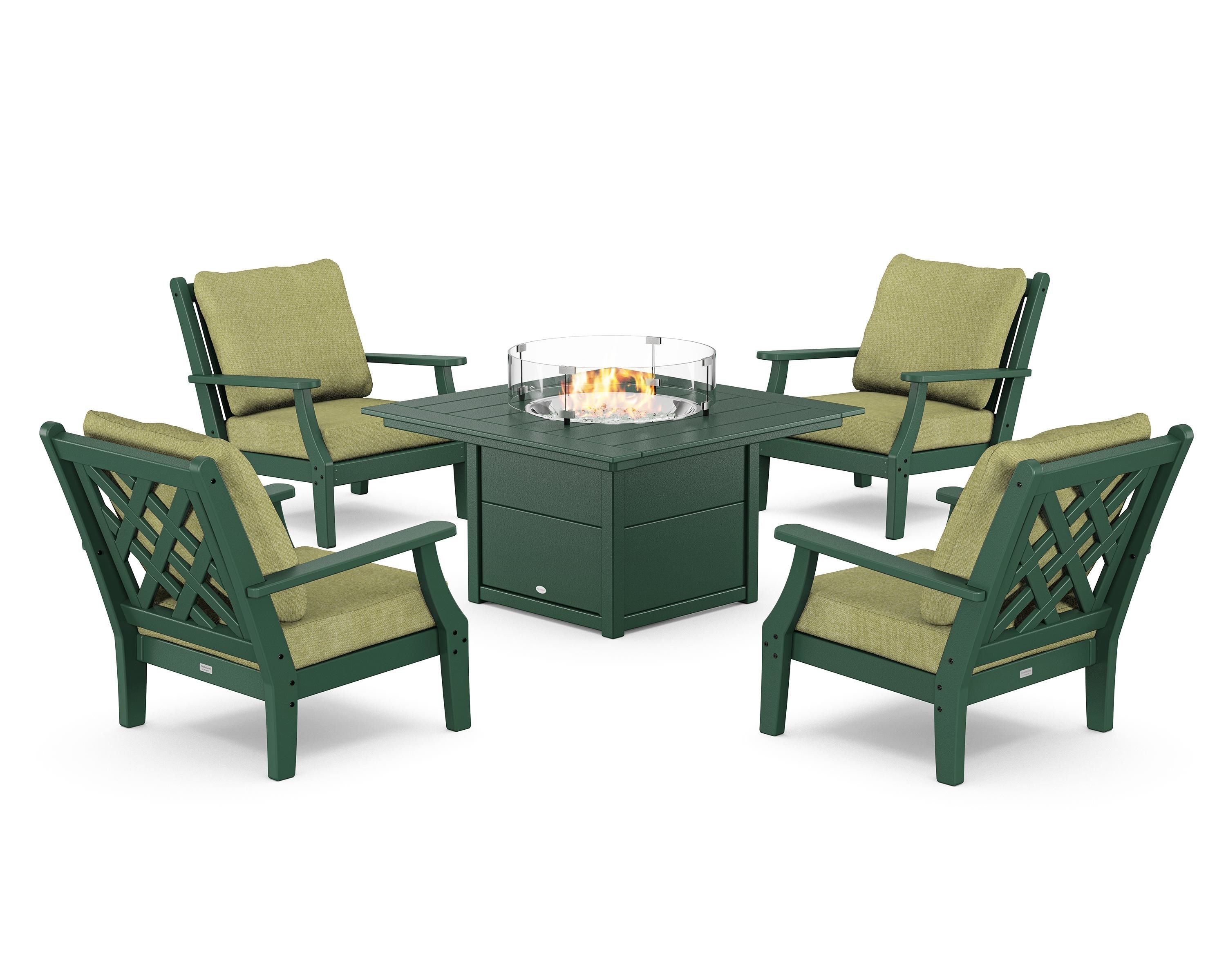 Country Living Wovendale 5-Piece Deep Seating Set with Fire Pit Table in Green / Chartreuse Boucle